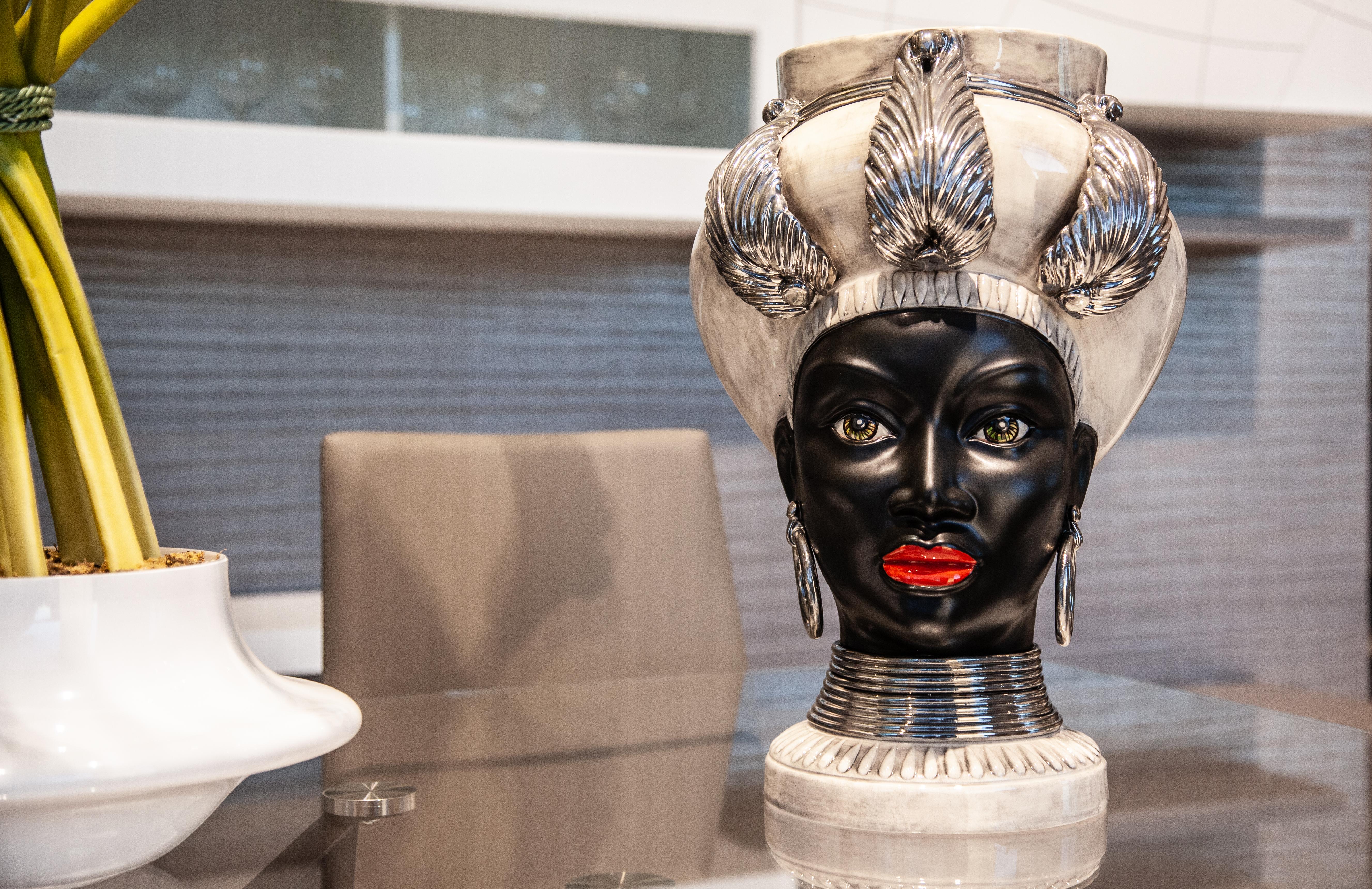 Contemporary ISIDE I12, Man's Moorish Head, Handmade in Sicily, 2021 Centerpiece Size M Vase For Sale