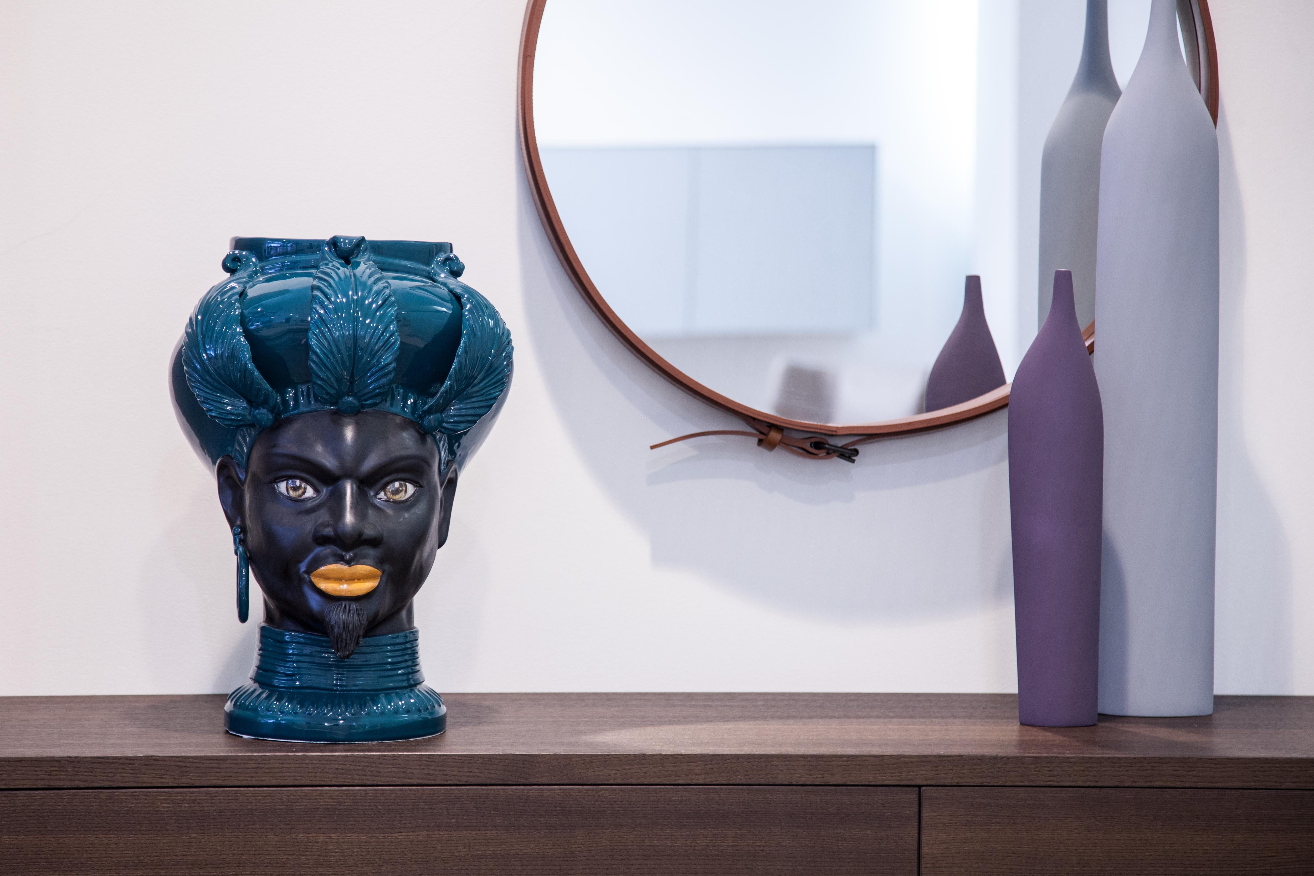 Enamel ISIDE I12, Man's Moorish Head, Handmade in Sicily, 2021 Centerpiece Size M Vase For Sale