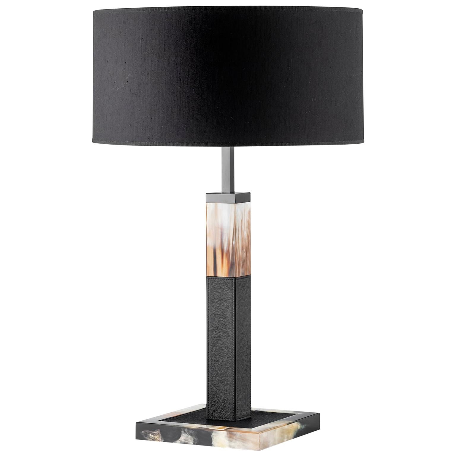 Alma Table Lamp in Black Leather with Inlays in Corno Italiano, Mod. 2312