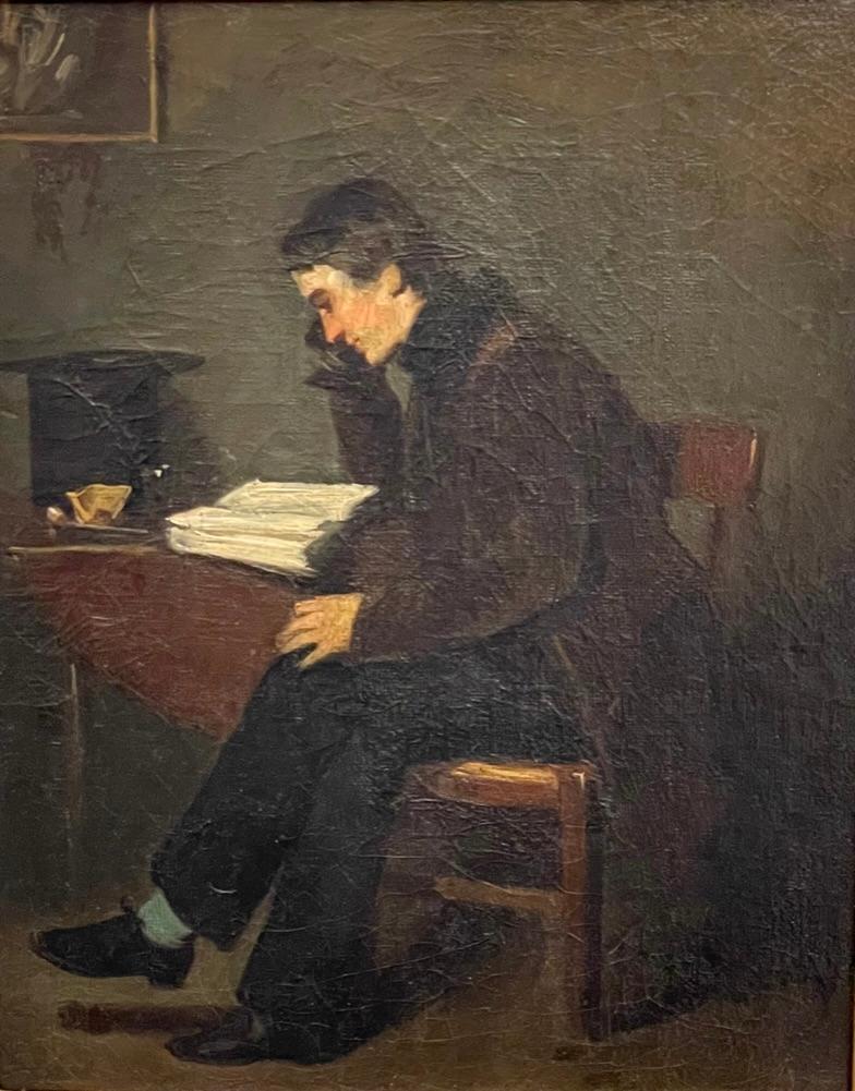 UN HOMME LECTURANT DANS SON ÉTUDE, peinture à l'huile, petit format, cadre en or 14 K, France, 19ème C. - École française Painting par Isidore Alexandre Augustin Pils