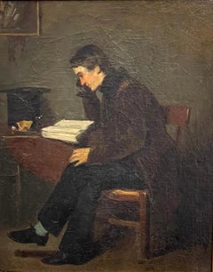 UN UOMO CHE LEGGE NEL SUO STUDIO, dipinto a olio, piccolo, cornice in oro 14 K., Francia, XIX sec.