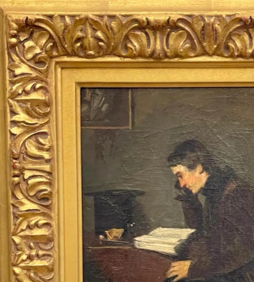 UN HOMME LECTURANT DANS SON ÉTUDE, peinture à l'huile, petit format, cadre en or 14 K, France, 19ème C. en vente 1