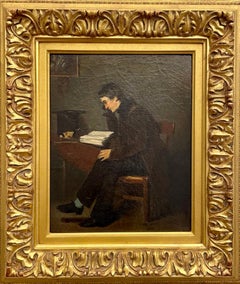 Antique A MAN READING IN HIS STUDY, oil painting, small, 14 K gold frame, French 19th C