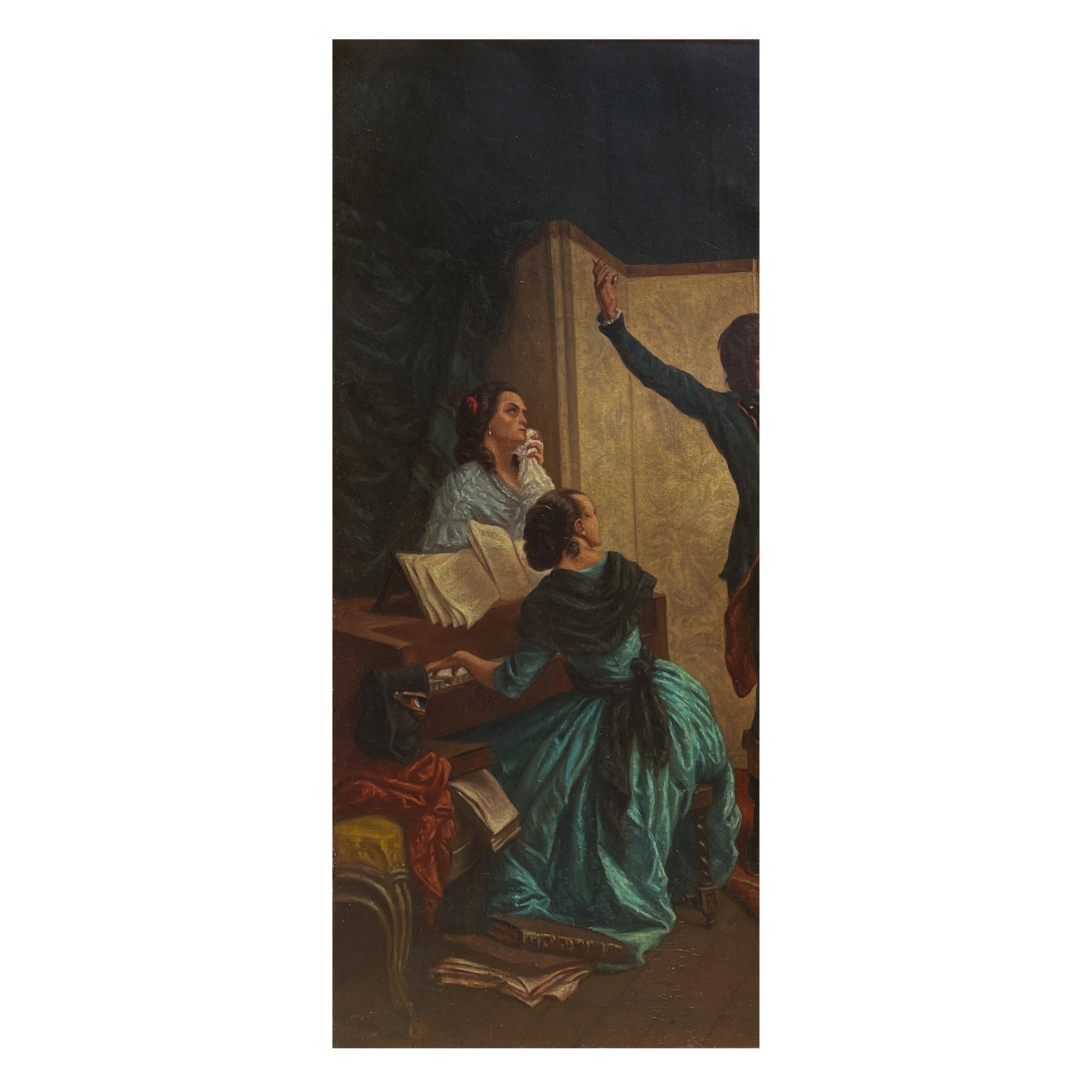 Precioso óleo francés antiguo sobre lienzo, obra de Isidore Alexandre Augustin Pils (1815-1875), que representa a Claude Joseph Rouget de Lisle (1760-1836) cantando 