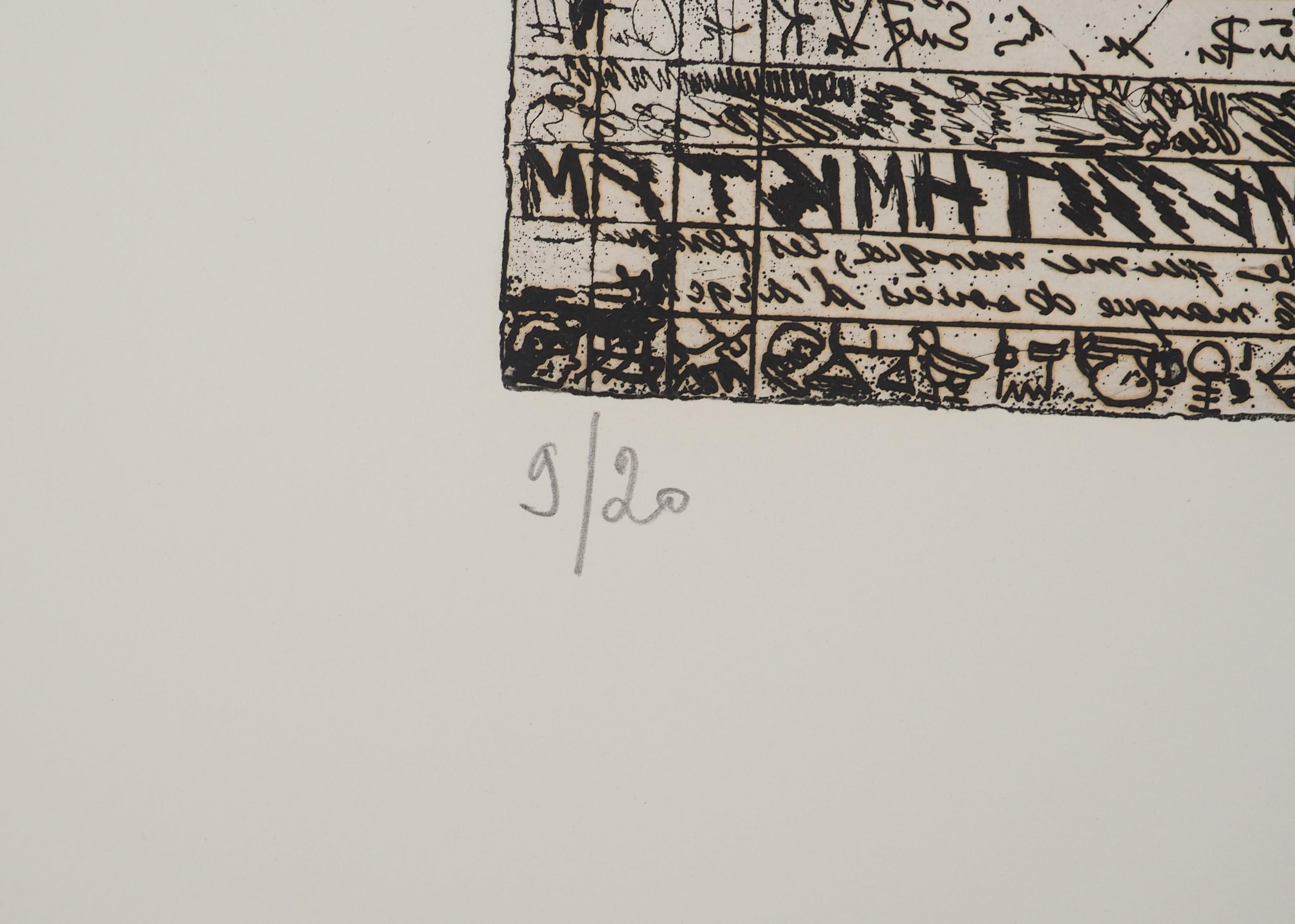 Isidore ISOU (1925-2007)
Lettrismo: Codice dell'ignoto, c. 1980

Incisione originale
Firmato a matita
Numerato / 20 copie
Su pergamena Arches, 53 x 38,5 cm

Condizioni molto buone, lievi macchie d'acqua ai margini della pagina