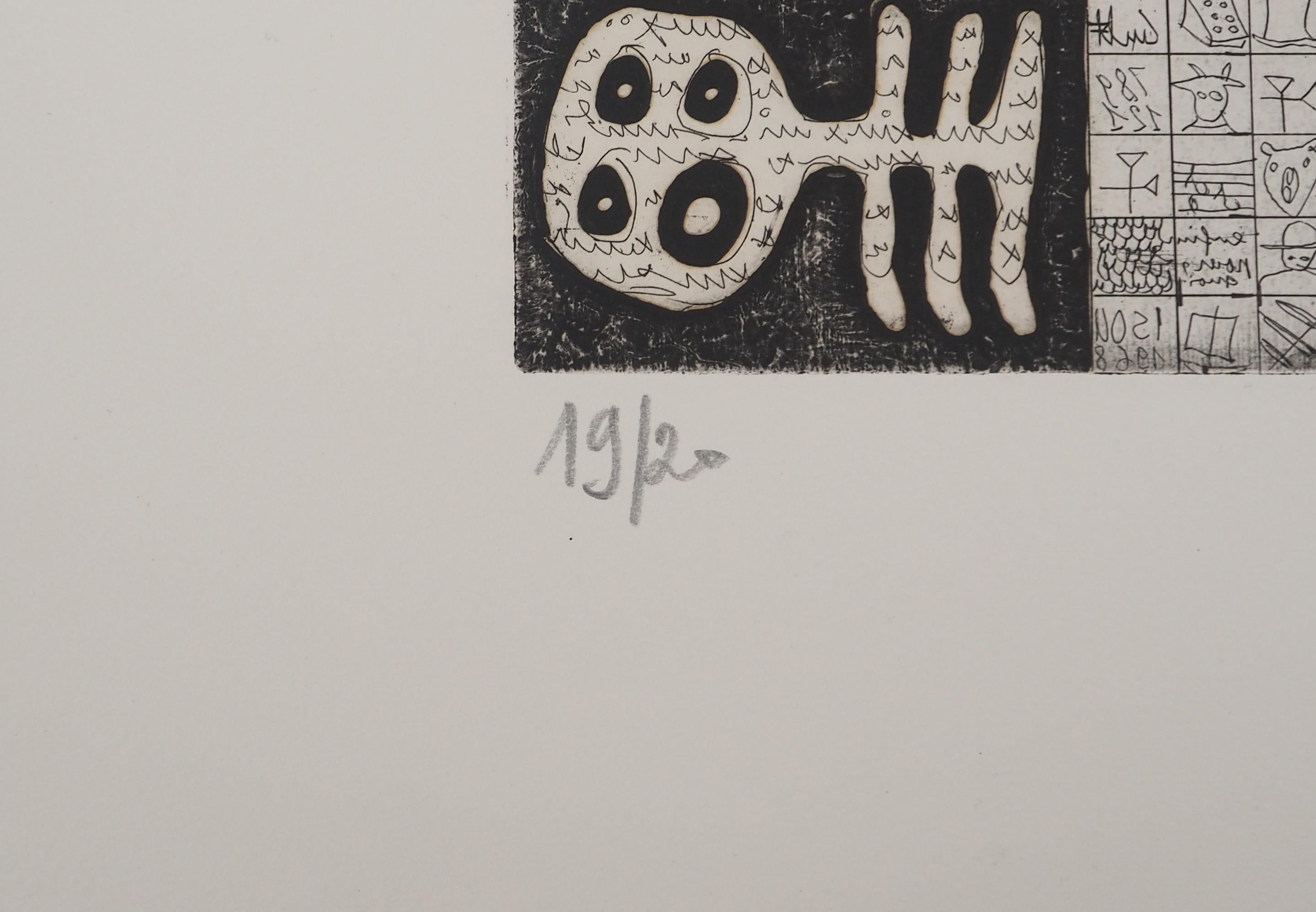 Isidore ISOU (1925-2007)
Lettrismo: Scrittura misteriosa, 1980 ca.

Incisione originale
Firmato a matita
Numerato / 20 copie
Su pergamena Arches, 53 x 38,5 cm (c. 21 x 15 in)

Condizioni molto buone, lievi macchie d'acqua ai margini della pagina