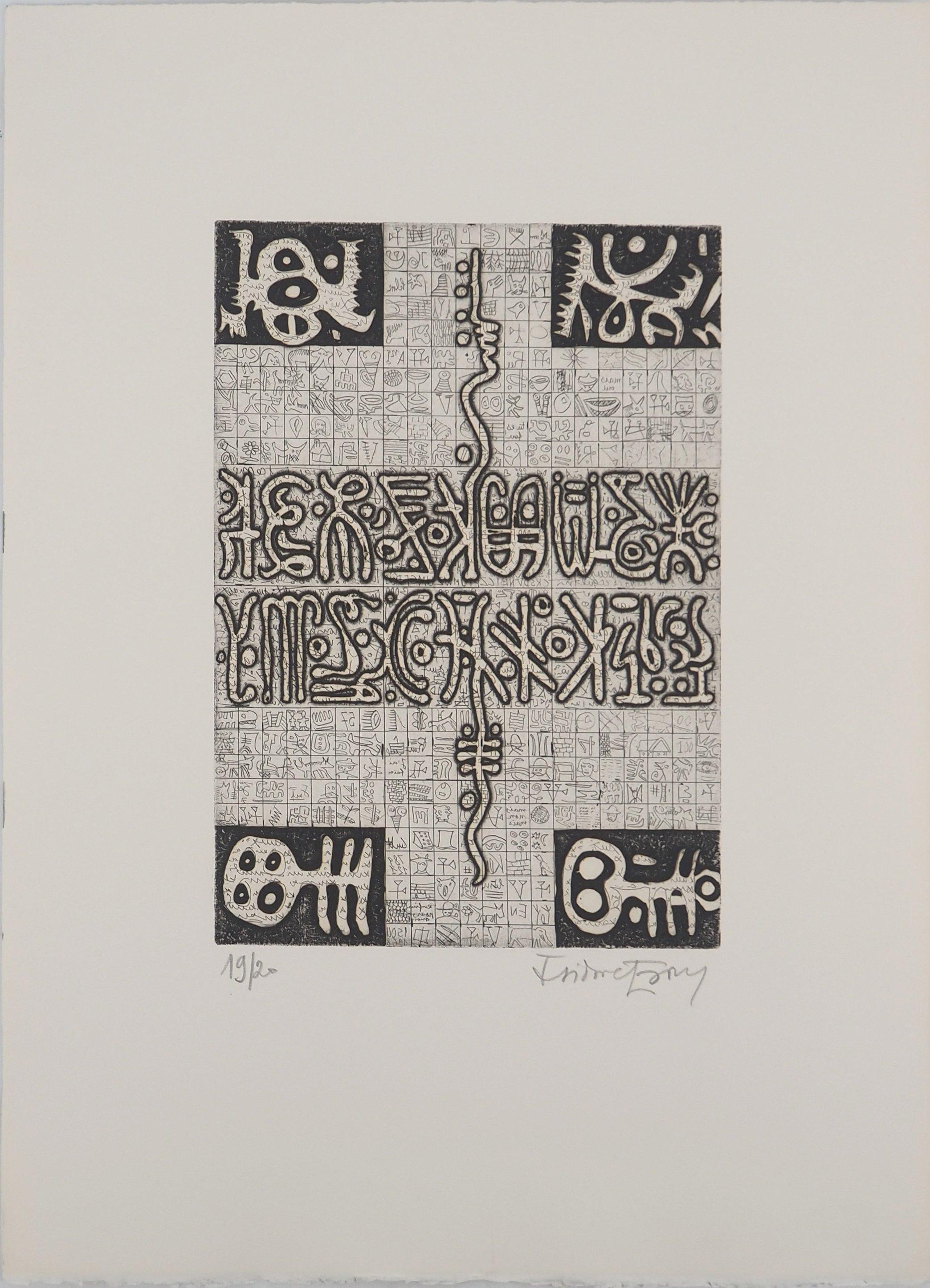 Abstract Print di Isidore ISOU  - Lettrismo: Scrittura misteriosa - Acquaforte originale, firmata e numerata a mano /20