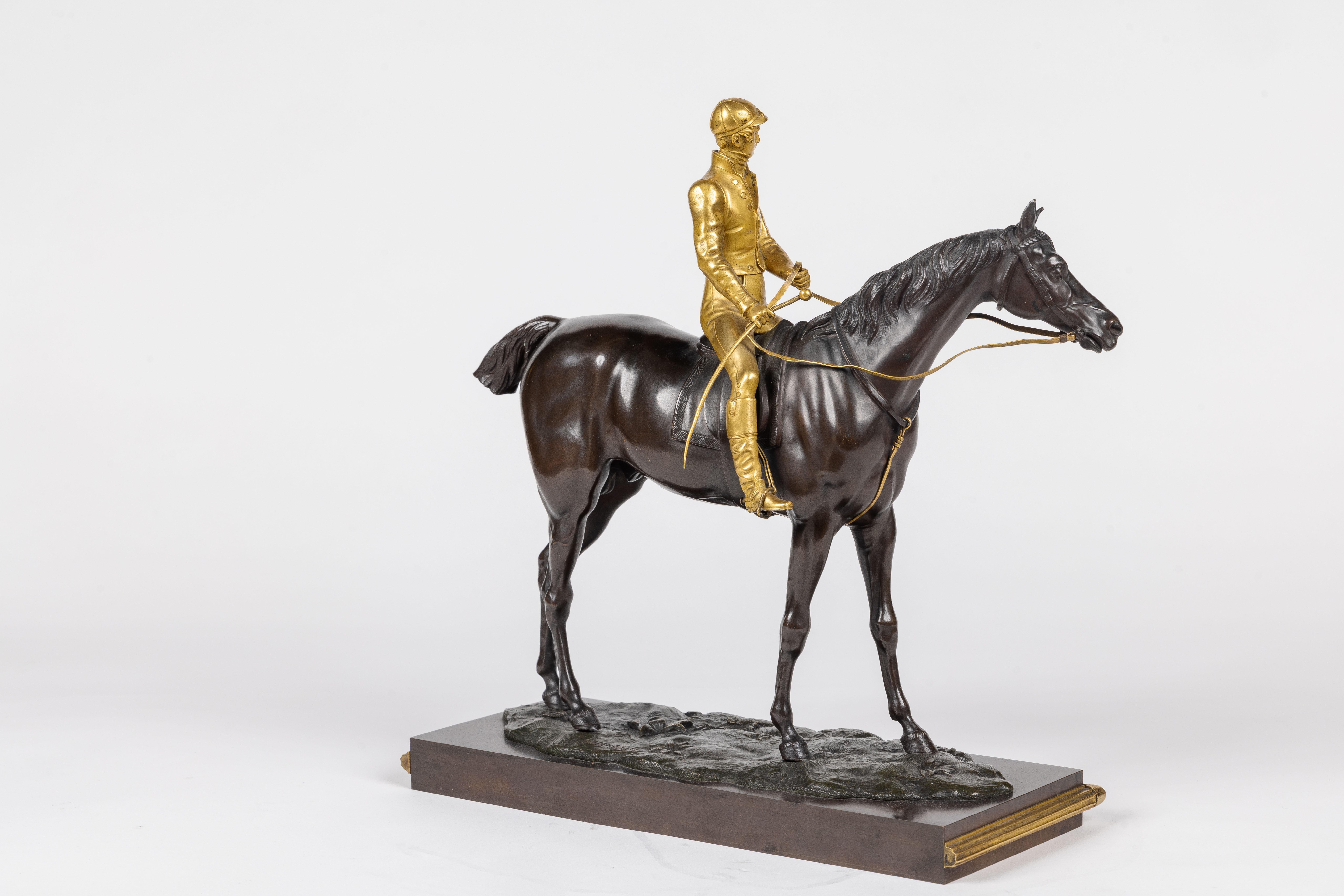 Sporting Art Jockey rare en bronze doré et patiné sur cheval d'Isidore-Jules Bonheur en vente