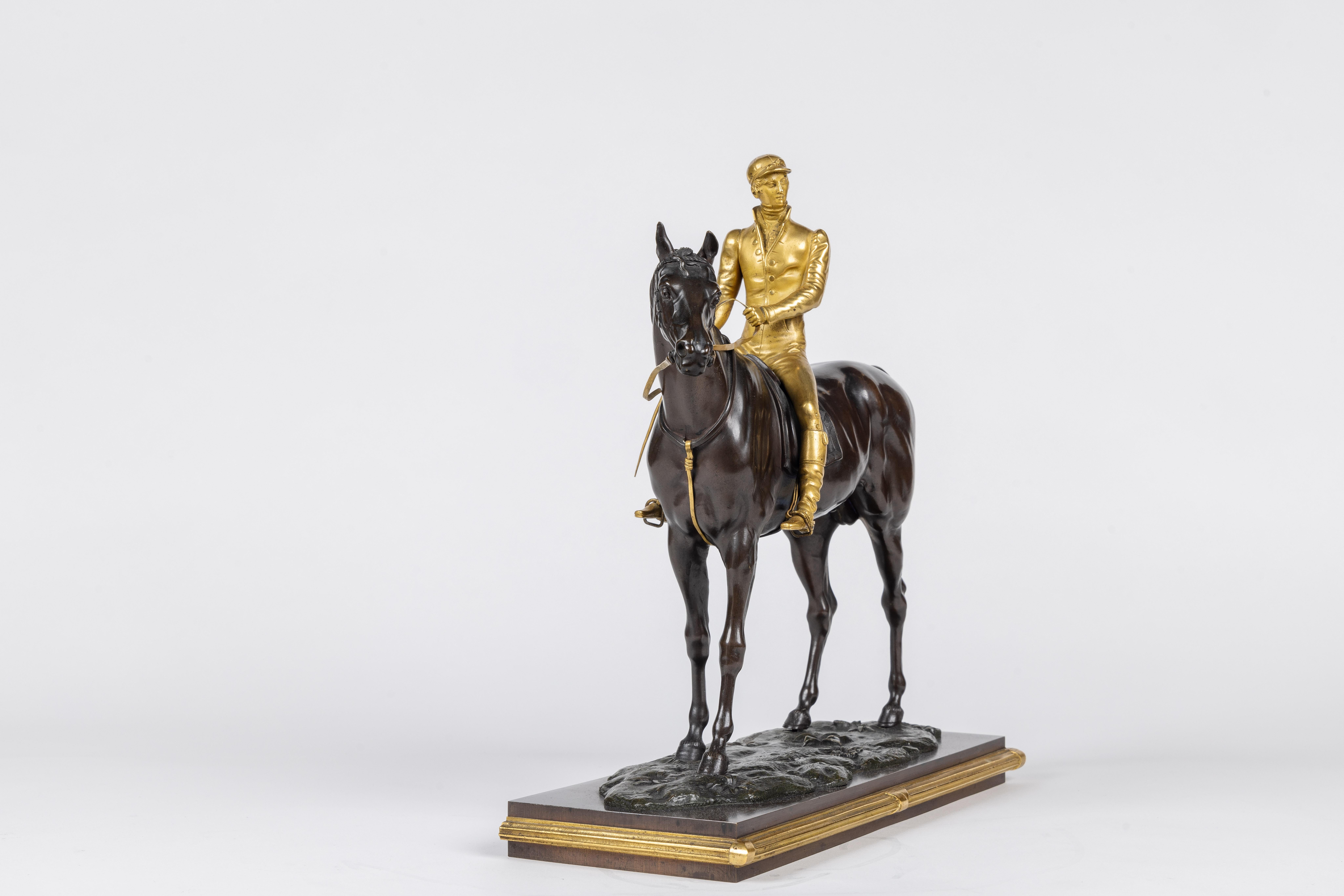 French Isidore-Jules Bonheur, A Rare Gilt and Patinated Bronze Jockey on A Horse For Sale