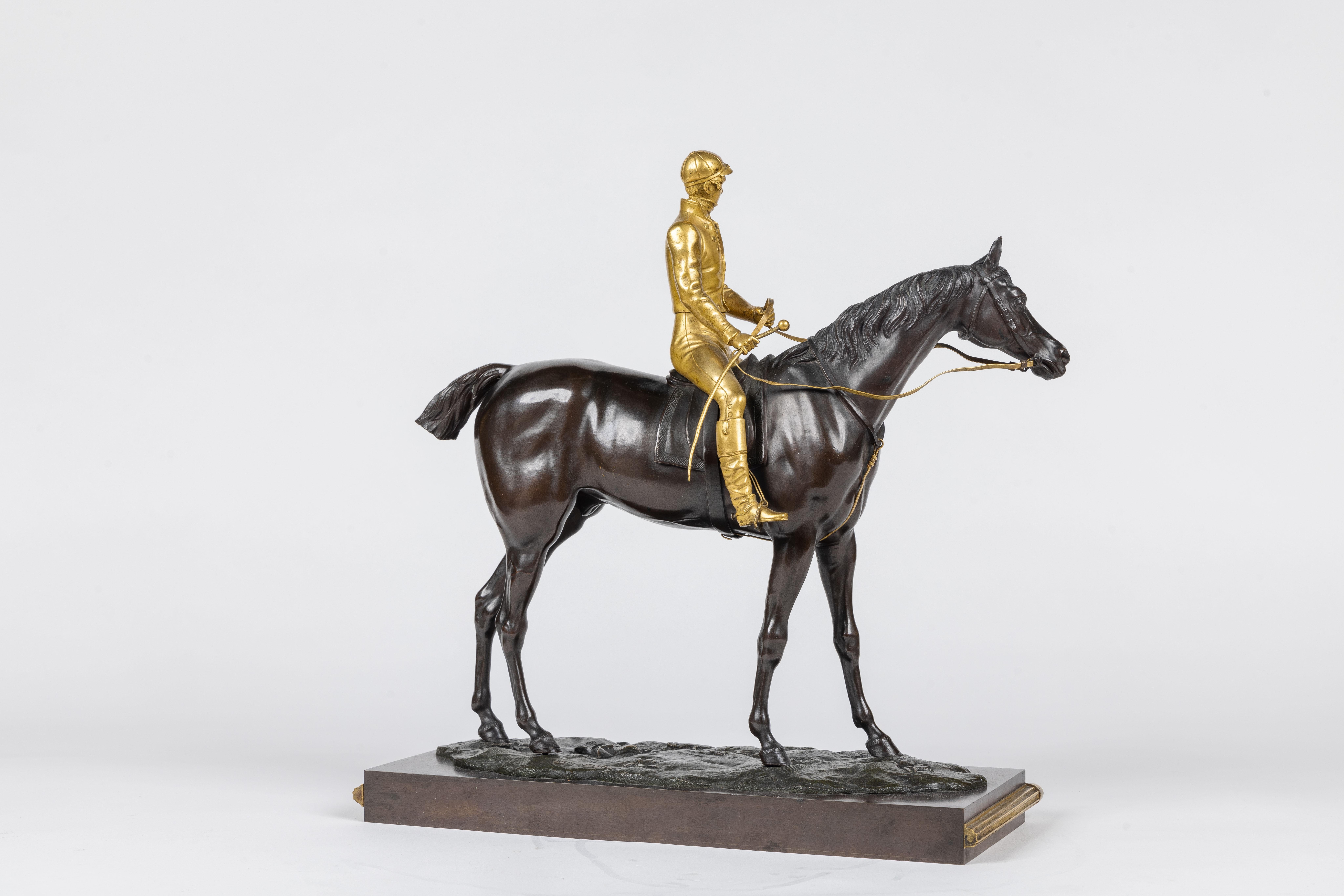 Isidore-Jules Bonheur, A Rare Gilt and Patinated Bronze Jockey on A Horse In Good Condition For Sale In New York, NY