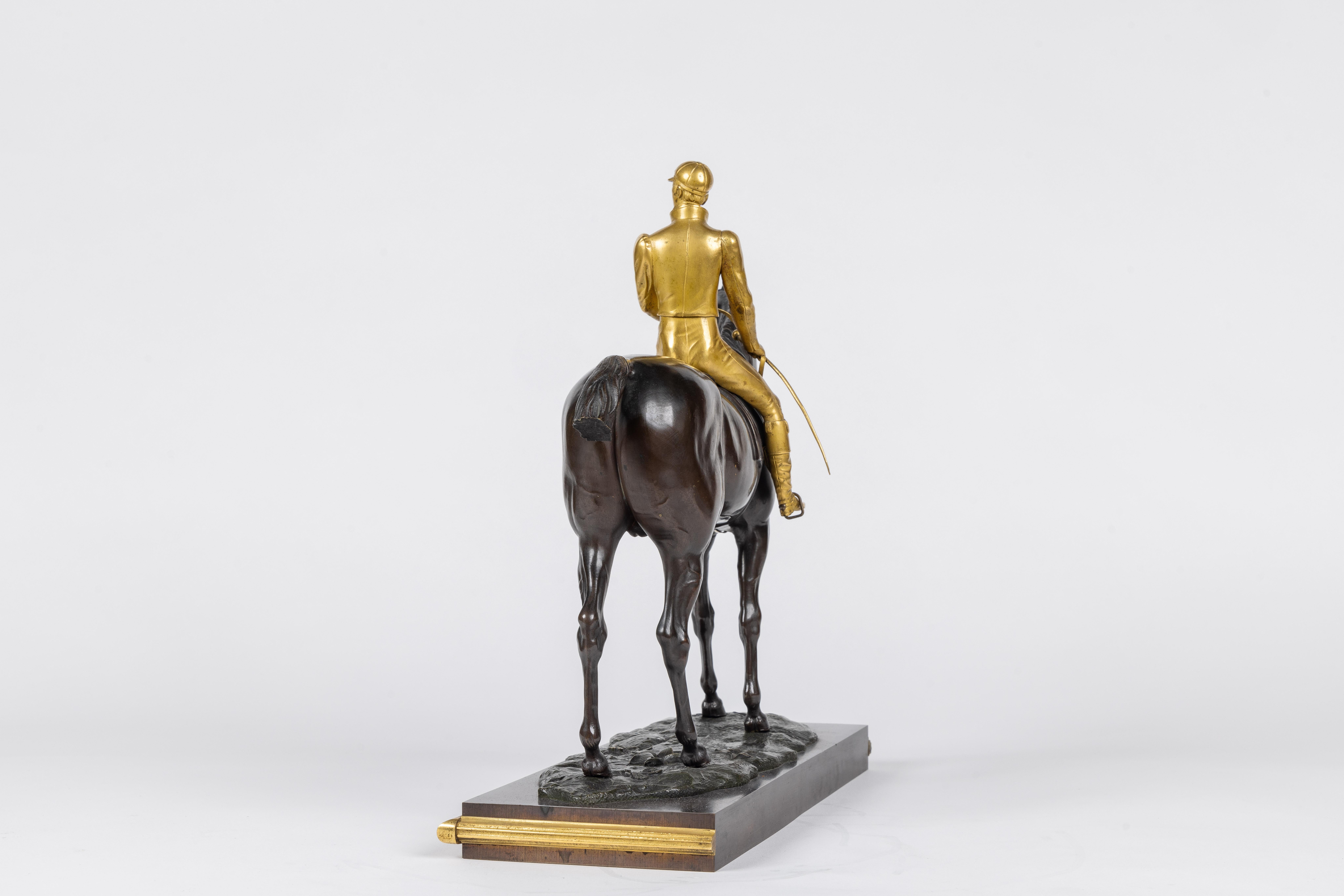 19th Century Isidore-Jules Bonheur, A Rare Gilt and Patinated Bronze Jockey on A Horse For Sale