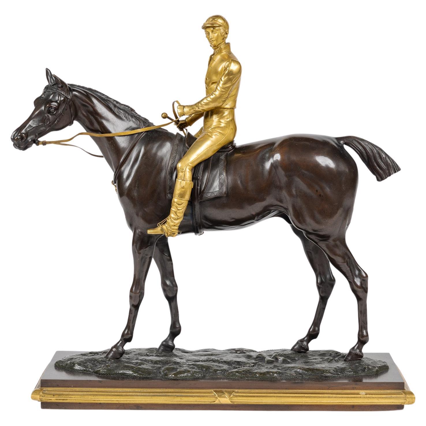 Jockey rare en bronze doré et patiné sur cheval d'Isidore-Jules Bonheur
