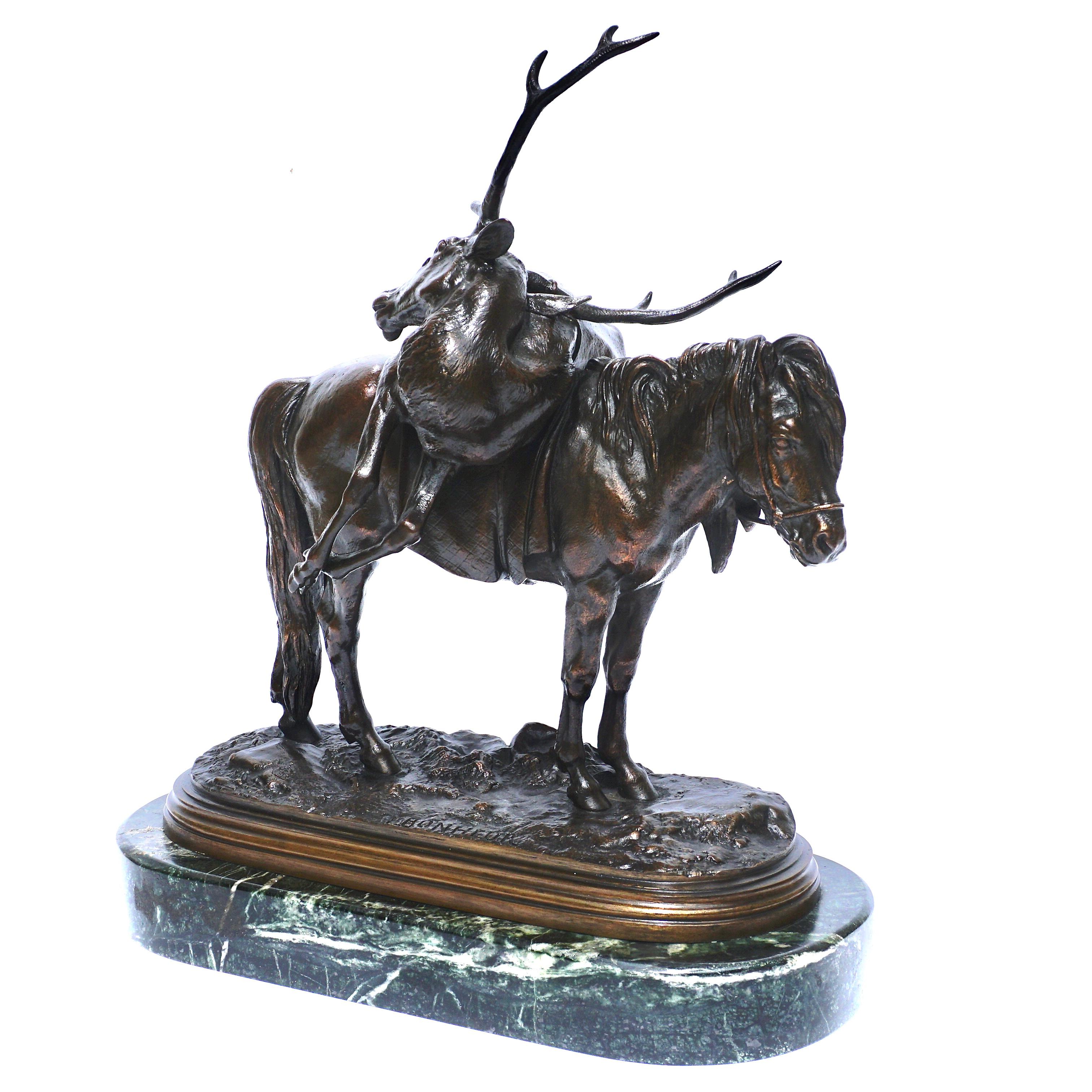 Isidore-Jules Bonheur (French, 1827-1901) 
Highland pony carrying a stag 
signed 'I. BONHEUR' (on the base) 
bronze, with brownish-black patina 

A rare and wonderful original bronze by Isidore Bonheur depicting a Scottish Highland pony carrying a
