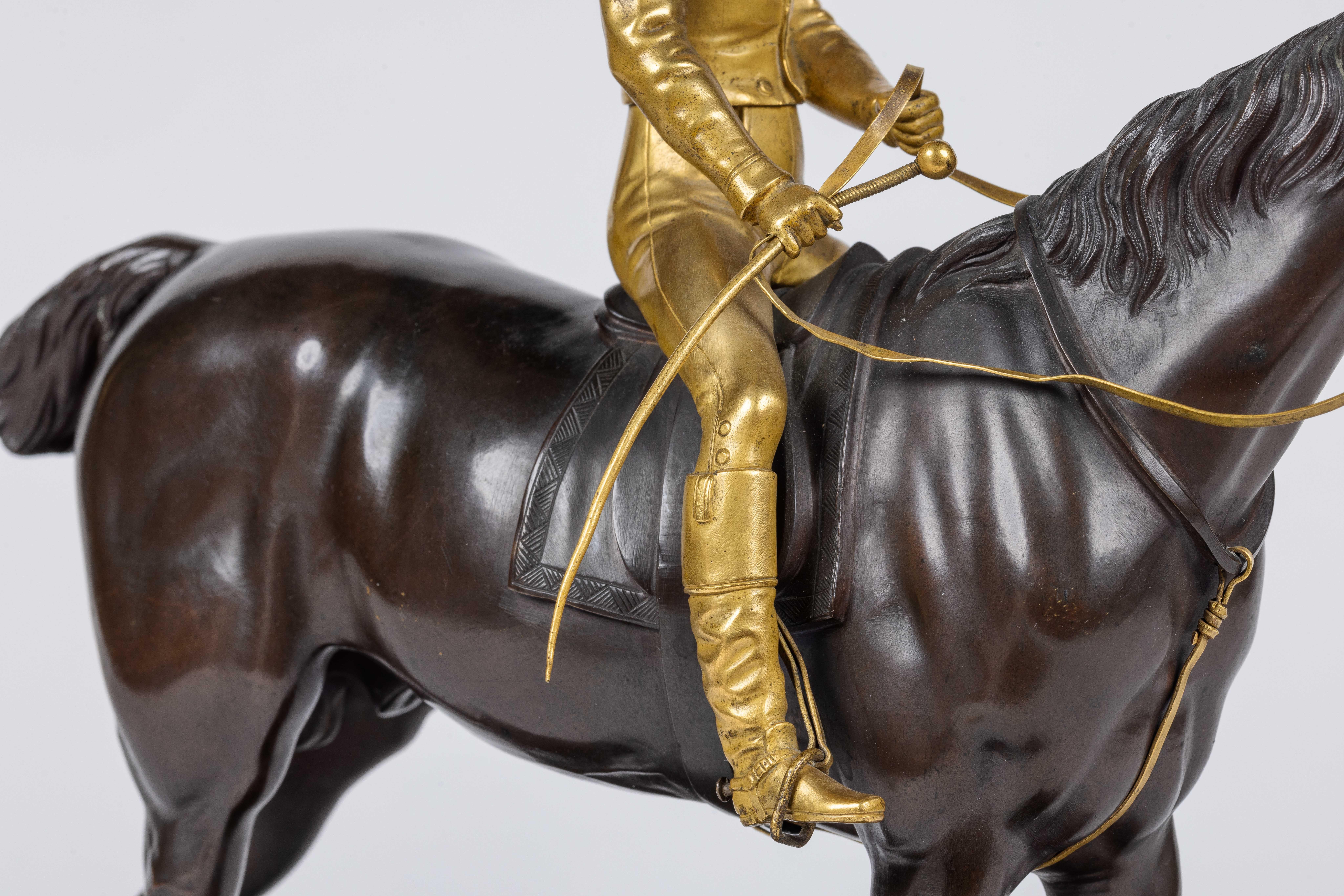 A Rare Gilt and Patinated Bronze Jockey on A Horse, circa 1875 For Sale 8