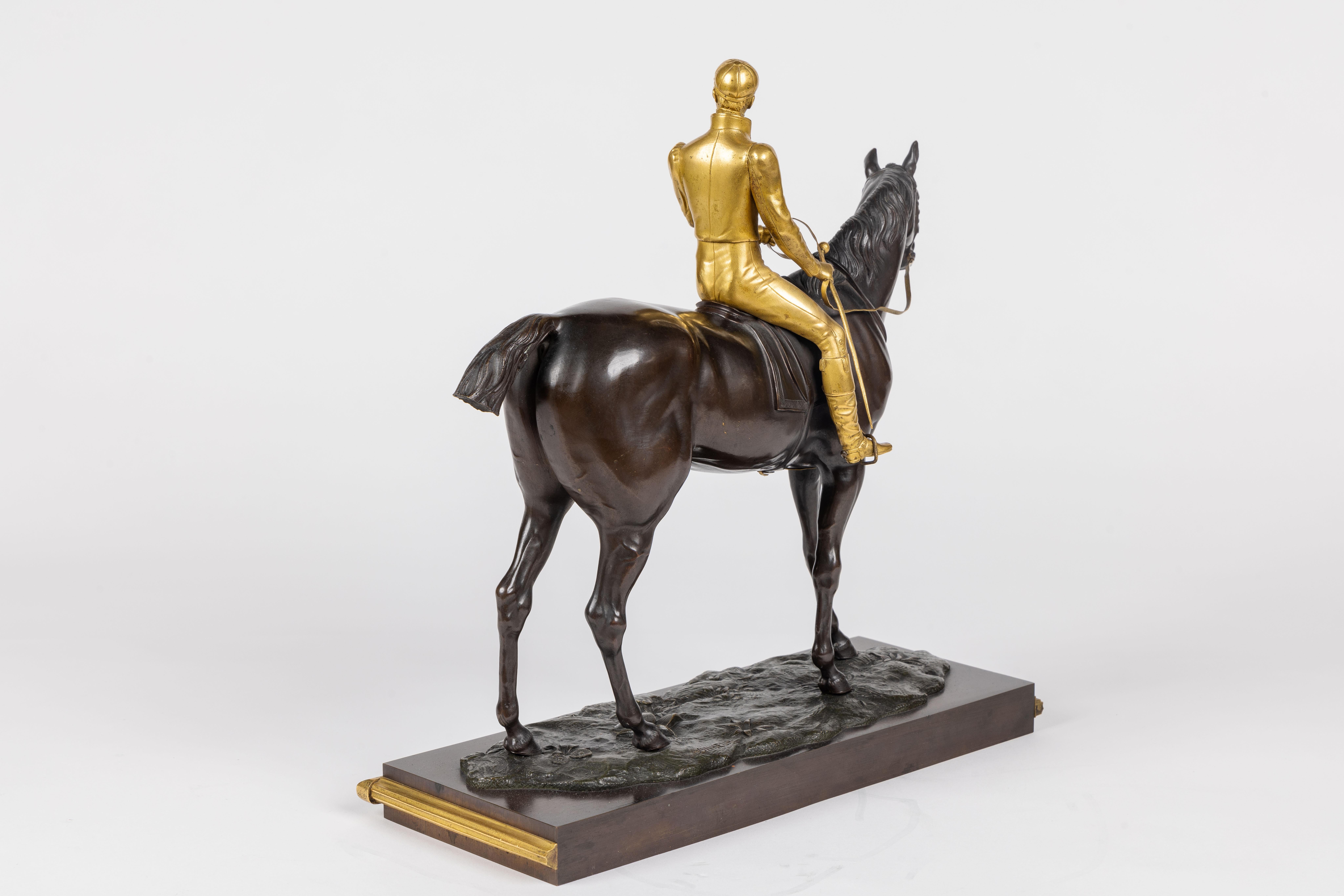 A Rare Gilt and Patinated Bronze Jockey on A Horse, circa 1875 - Gold Figurative Sculpture by Isidore Jules Bonheur