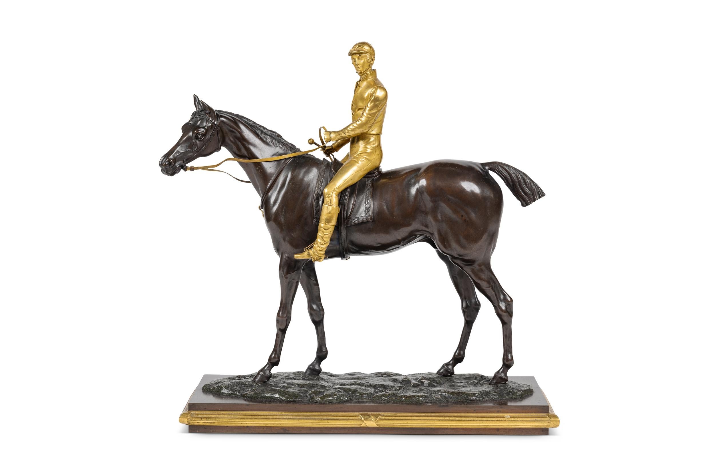 Isidore Jules Bonheur Figurative Sculpture - A Rare Gilt and Patinated Bronze Jockey on A Horse, circa 1875