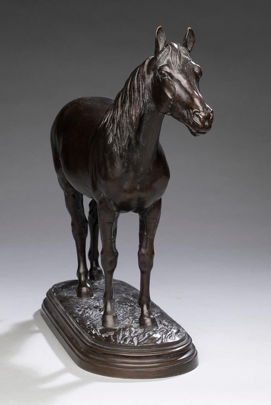Horse Portrait of a Standing Stallion
Isidore Jules Bonheur (France, 1827-1901)
Cast bronze mounted on a rectangular plinth with dark brown patina,
Signed: I. BONHEUR
13 x 16 x 5 inches

Isidore Bonheur was best known and the most distinguished of