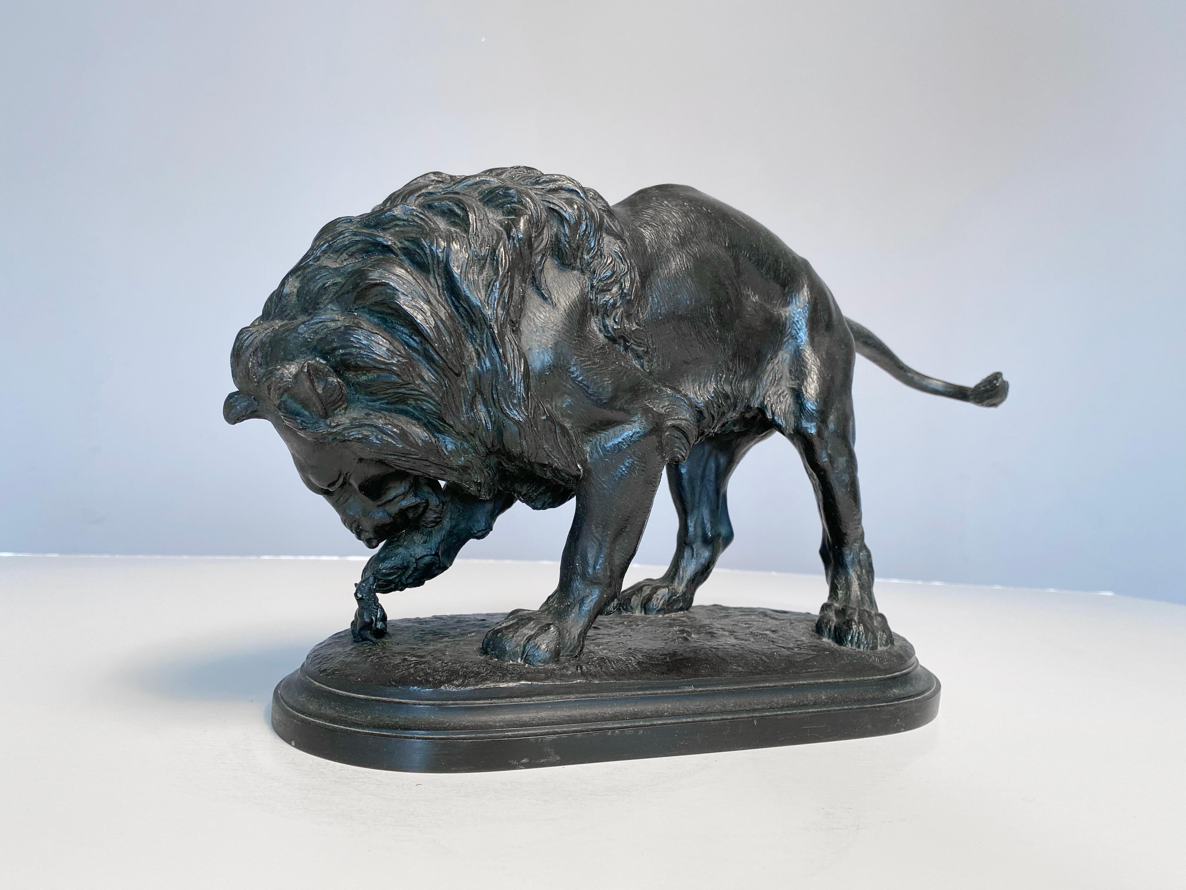 Lion et souris - Académique Sculpture par Isidore Jules Bonheur