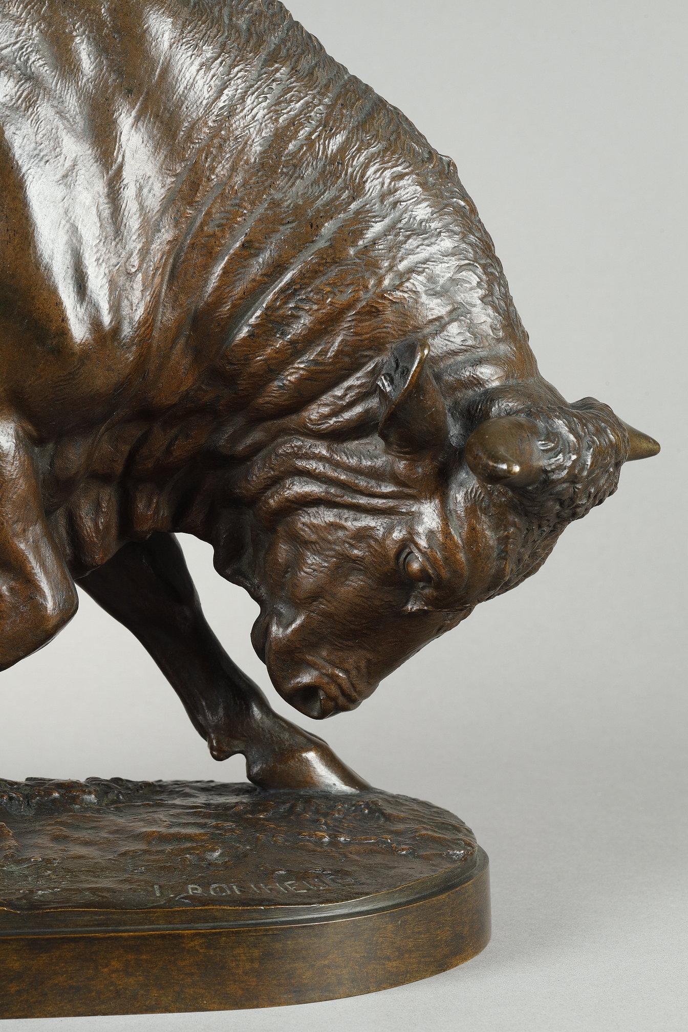 Toro de pie, cabeza inclinada - Sculpture de Isidore Jules Bonheur