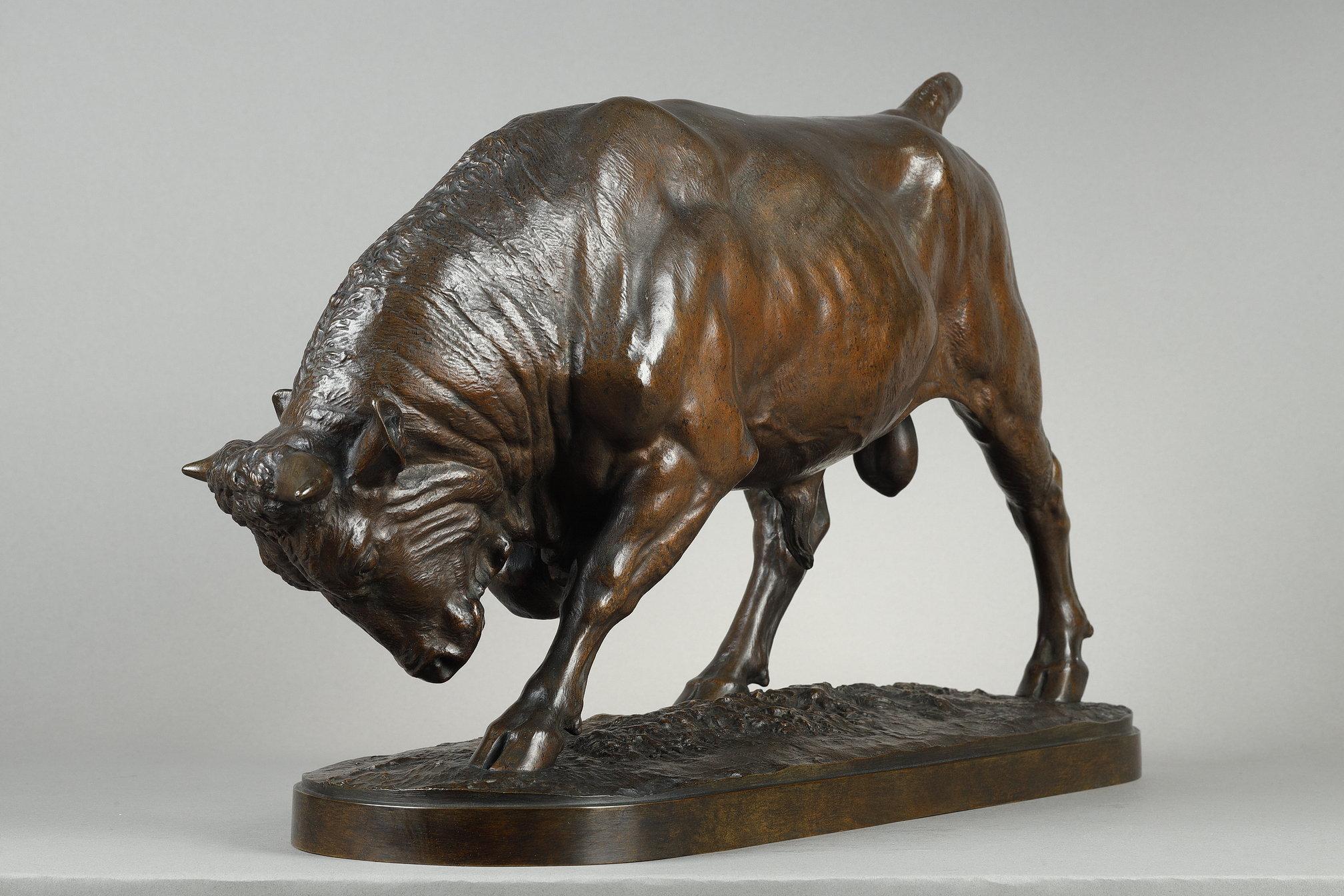 Toro de pie, cabeza inclinada
por Isidore BONHEUR (1827-1901)
 
Una escultura de bronce con una pátina marrón oscura matizada
Firmado en la base 