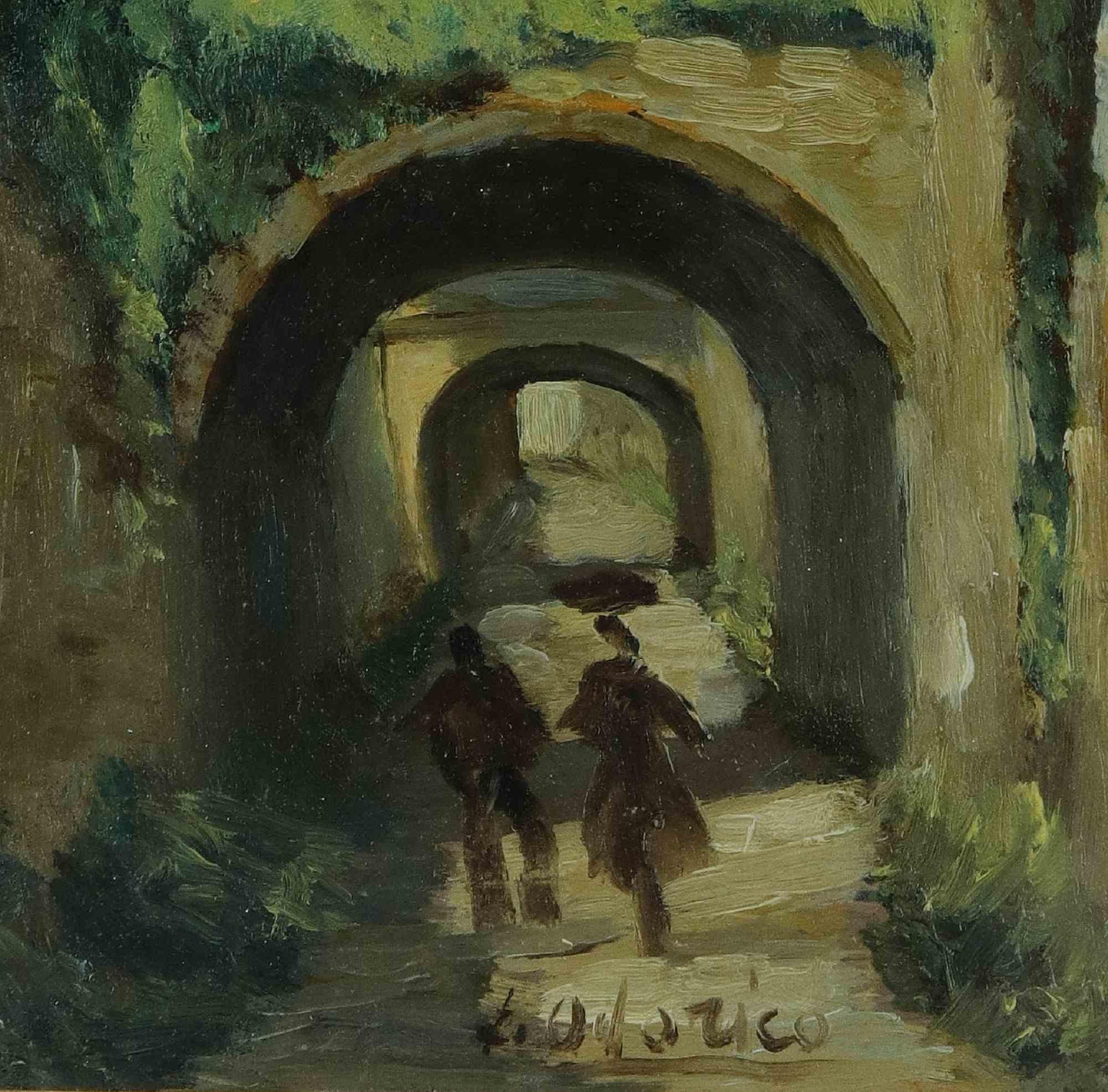 Into the tunnel - Peinture à l'huile d'Isidore Odorico - Début du 20e siècle - Moderne Painting par  Isidore Odorico