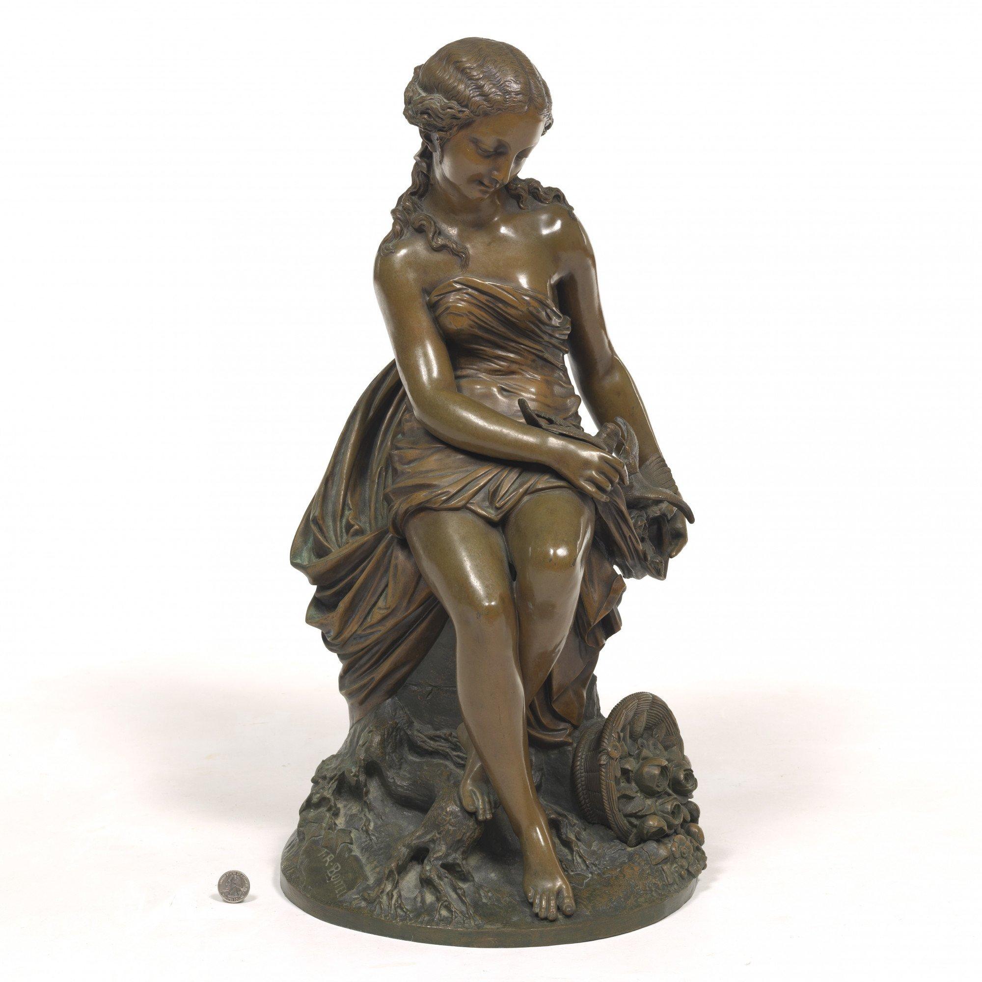 Young girl with doves and basket of flowers, 19th century French bronze  - Sculpture by Isidore Romain Boitel