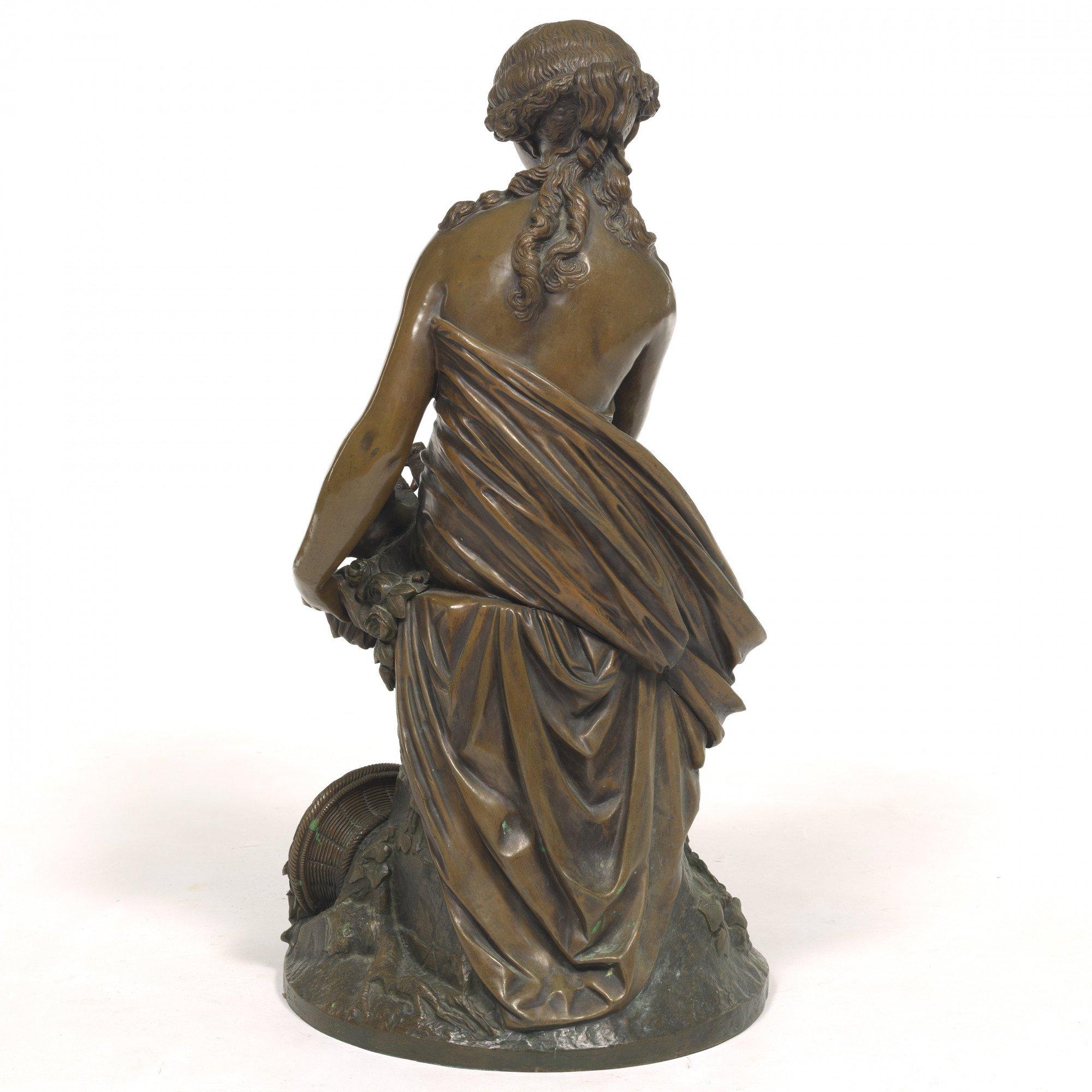Young girl with doves and basket of flowers, 19th century French bronze  For Sale 1