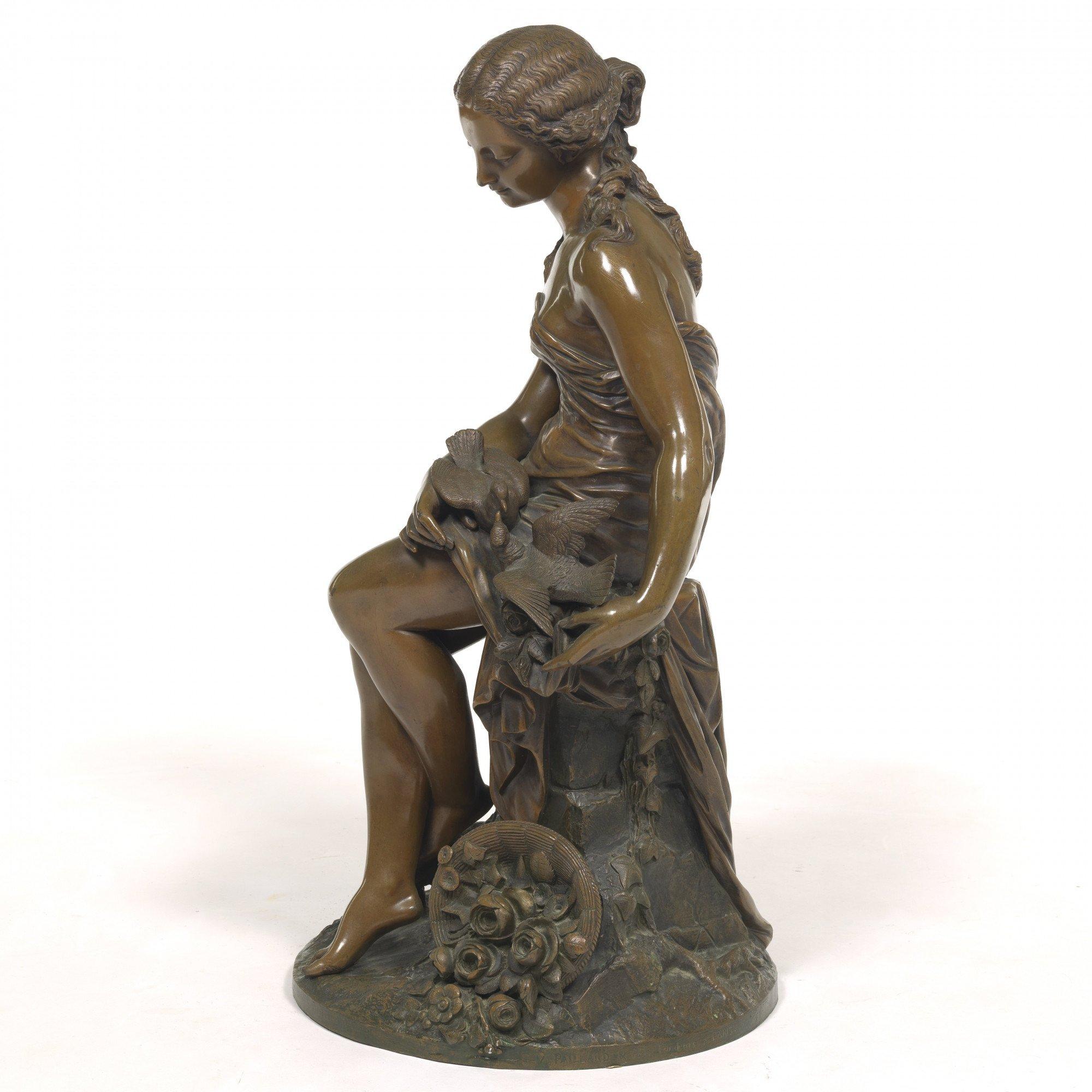 Young girl with doves and basket of flowers, 19th century French bronze  For Sale 2