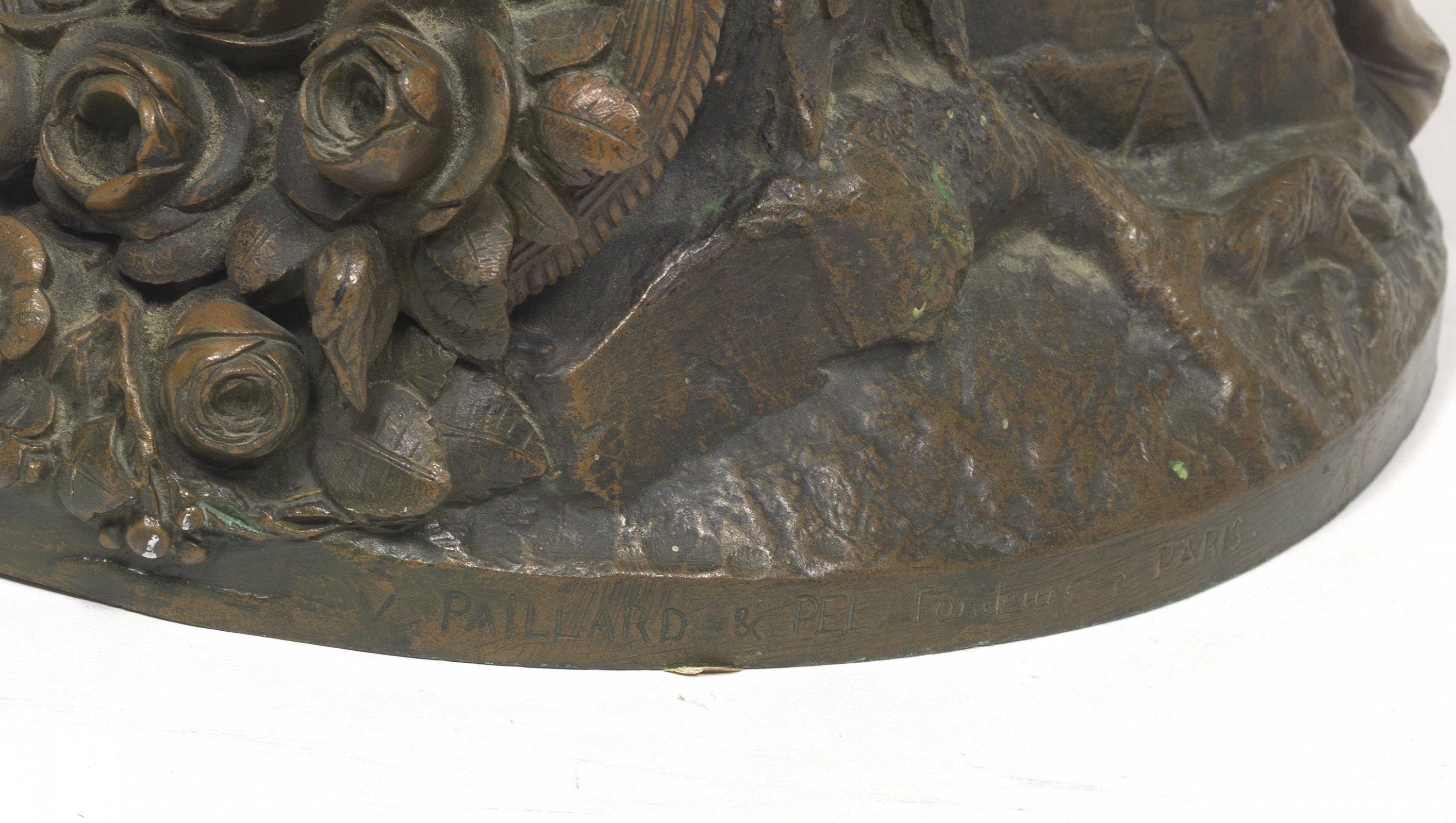 Young girl with doves and basket of flowers, 19th century French bronze  For Sale 5