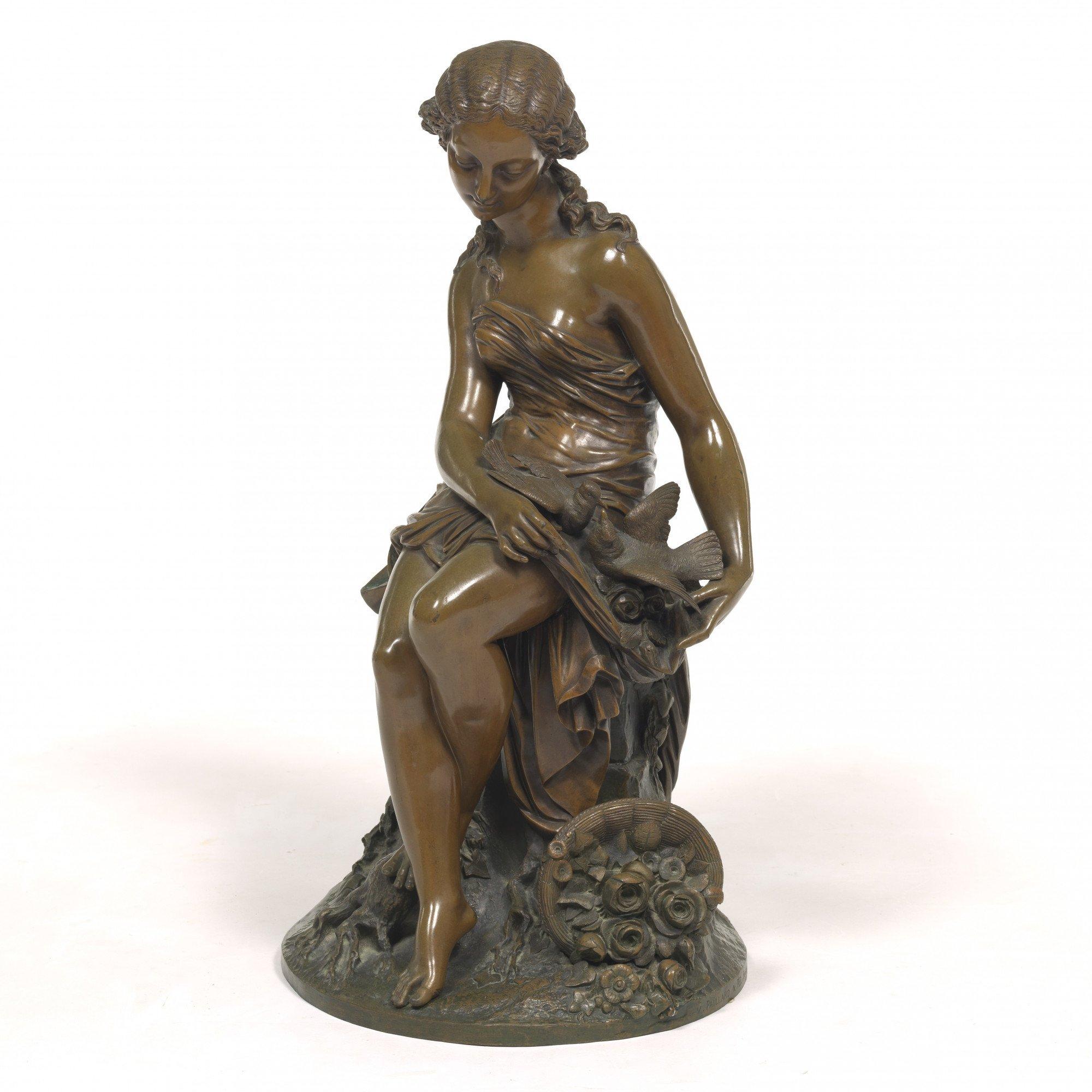Isidore Romain Boitel Figurative Sculpture - Young girl with doves and basket of flowers, 19th century French bronze 