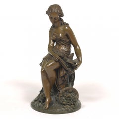 Antique Young girl with doves and basket of flowers, 19th century French bronze 