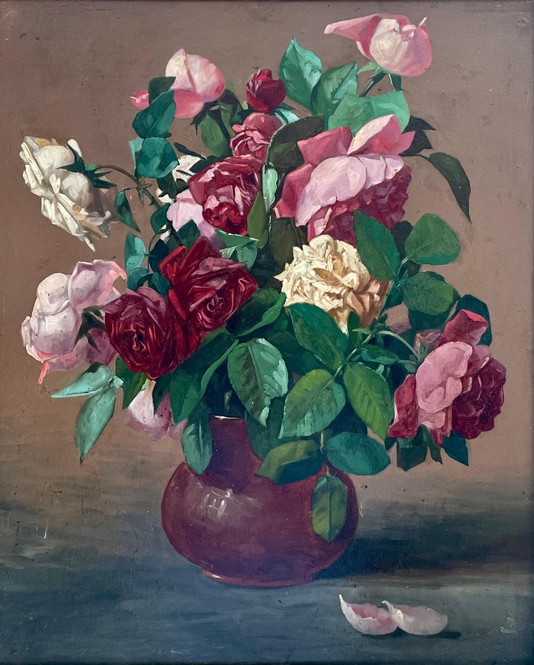 Isidore Rosenstock Interior Painting - Beautiful Original French Vintage Flower Painting Red & Pink Roses in Bowl