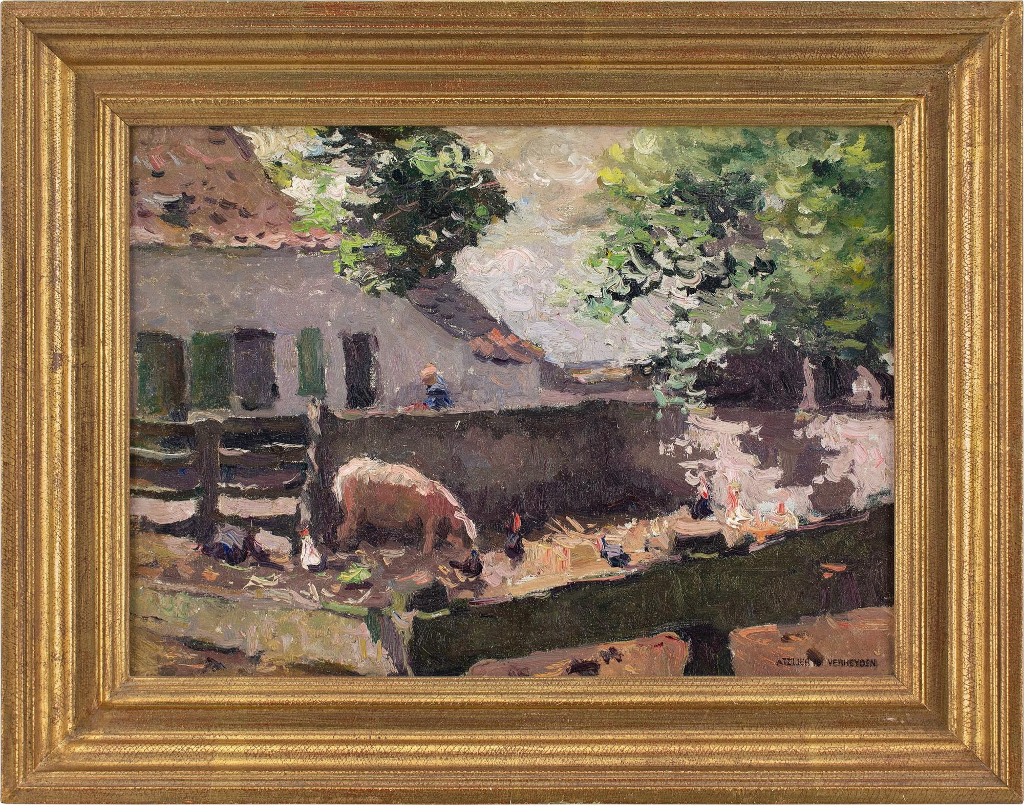 This late 19th-century oil painting by Belgian artist Isidore Verheyden (1846-1905) depicts a small farmyard.

Snuffling and grunting amid the grubby hay, a chubby pig with a muddy nose. The king of its pen, surrounded by poultry, rummaging for