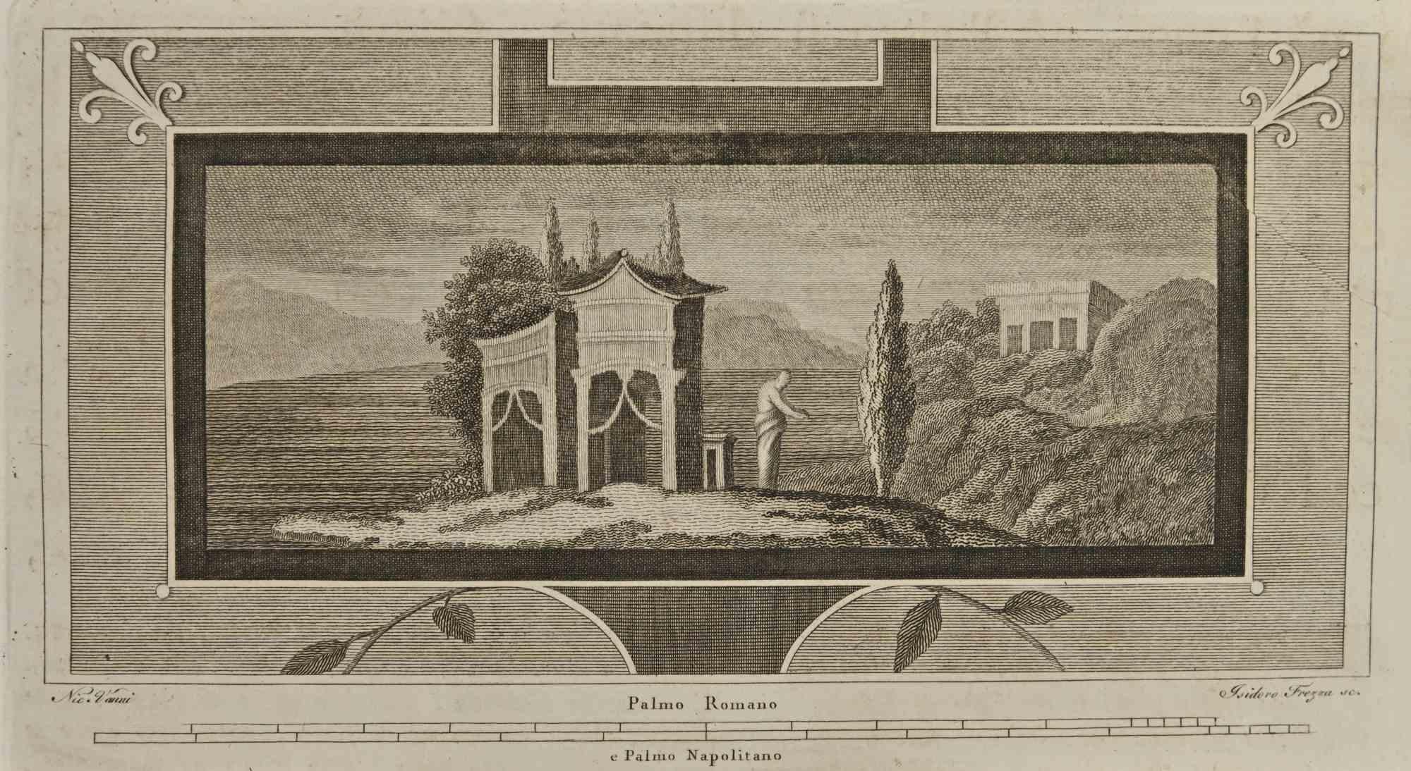 Roman Temple Fresco from "Antiquities of Herculaneum" is an etching on paper realized by Isidoro Frezza in  the 18th Century.

Signed on the plate.

Good conditions with some folding.

The etching belongs to the print suite “Antiquities of