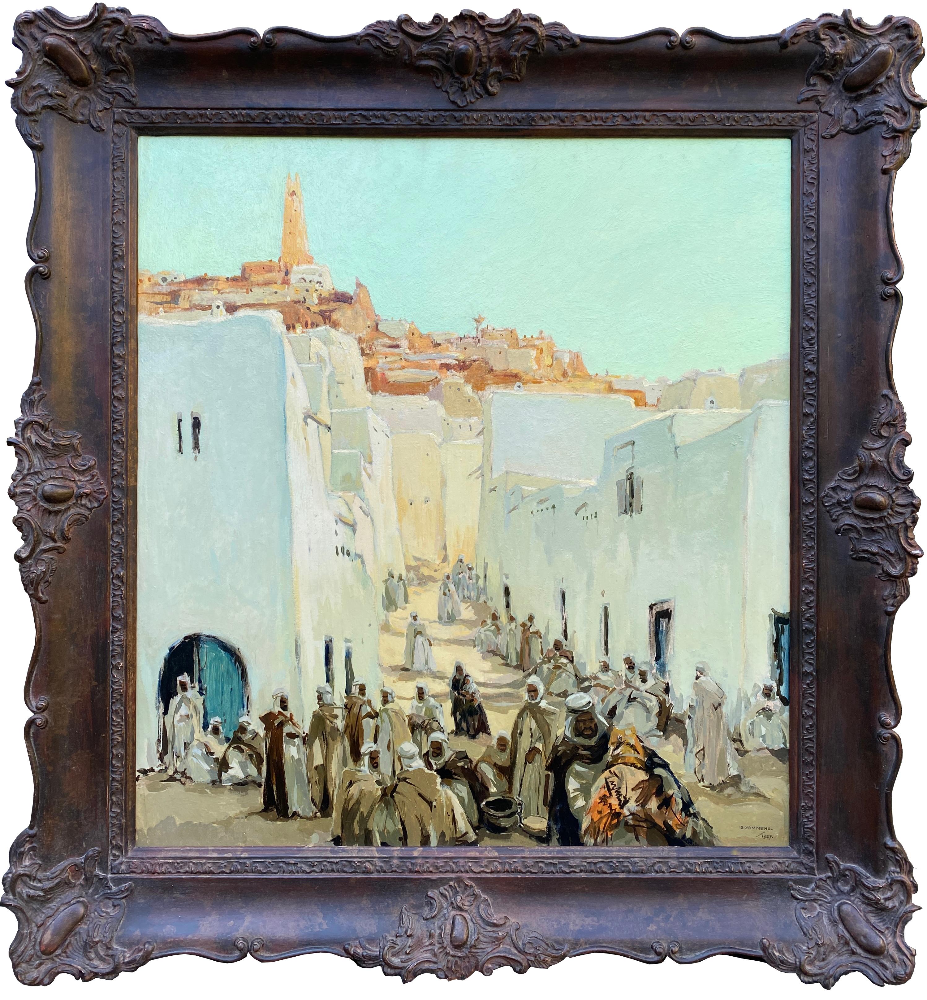 Isidorus Van Mens
Berlicum 1890 – 1985 Oosterhout
Dutch Painter

'Ghardaia – The Capital of M’Zab, Algeria'
Signature: Signed bottom right and dated 1957, placed and signed on reverse
Medium: Oil on board
Dimensions: Image size 65 x 60 cm, frame