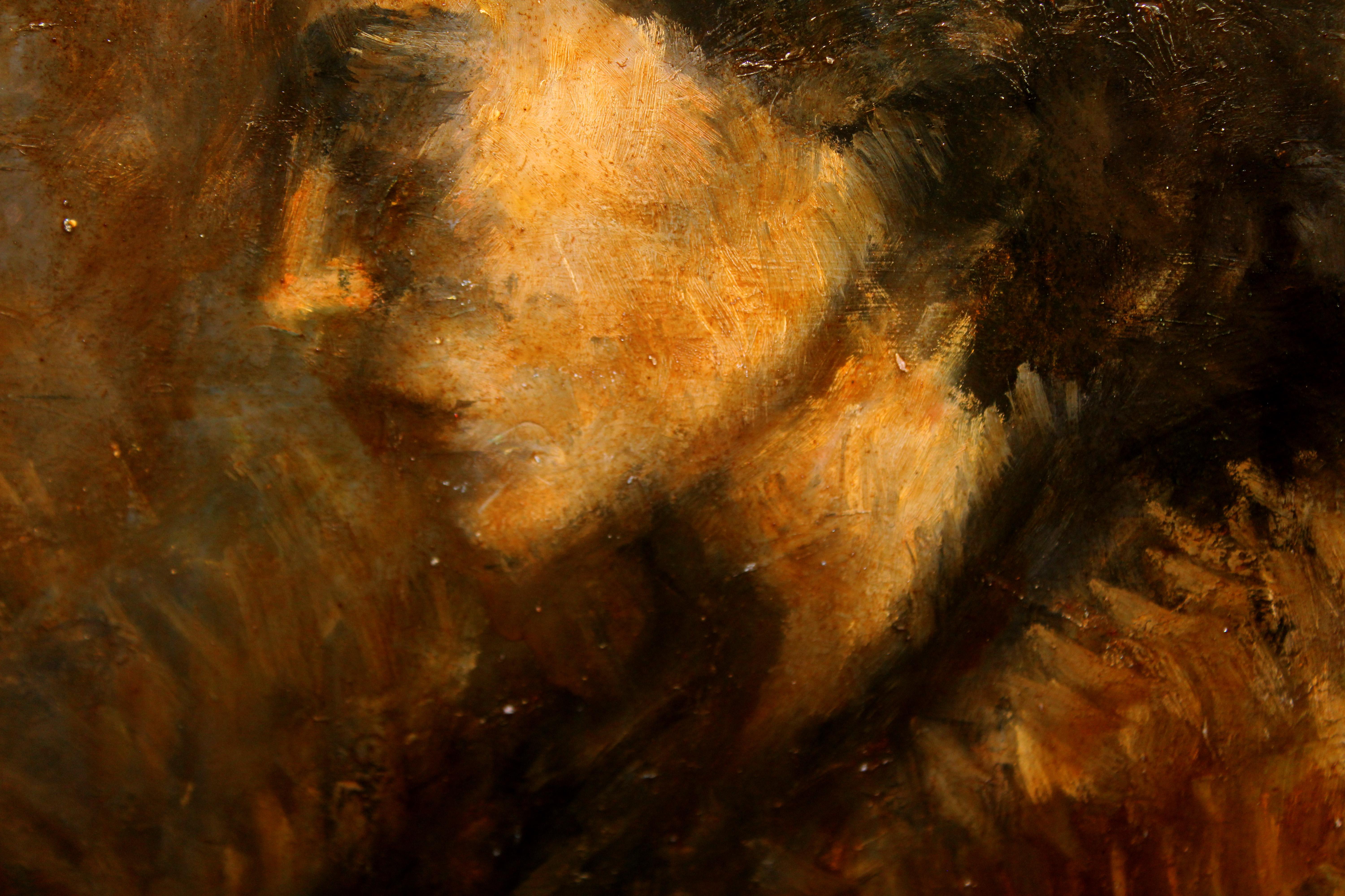 Retrato de gitana - Óleo sobre tablex - Brown Portrait Painting by Isidre Nonell i Monturiol