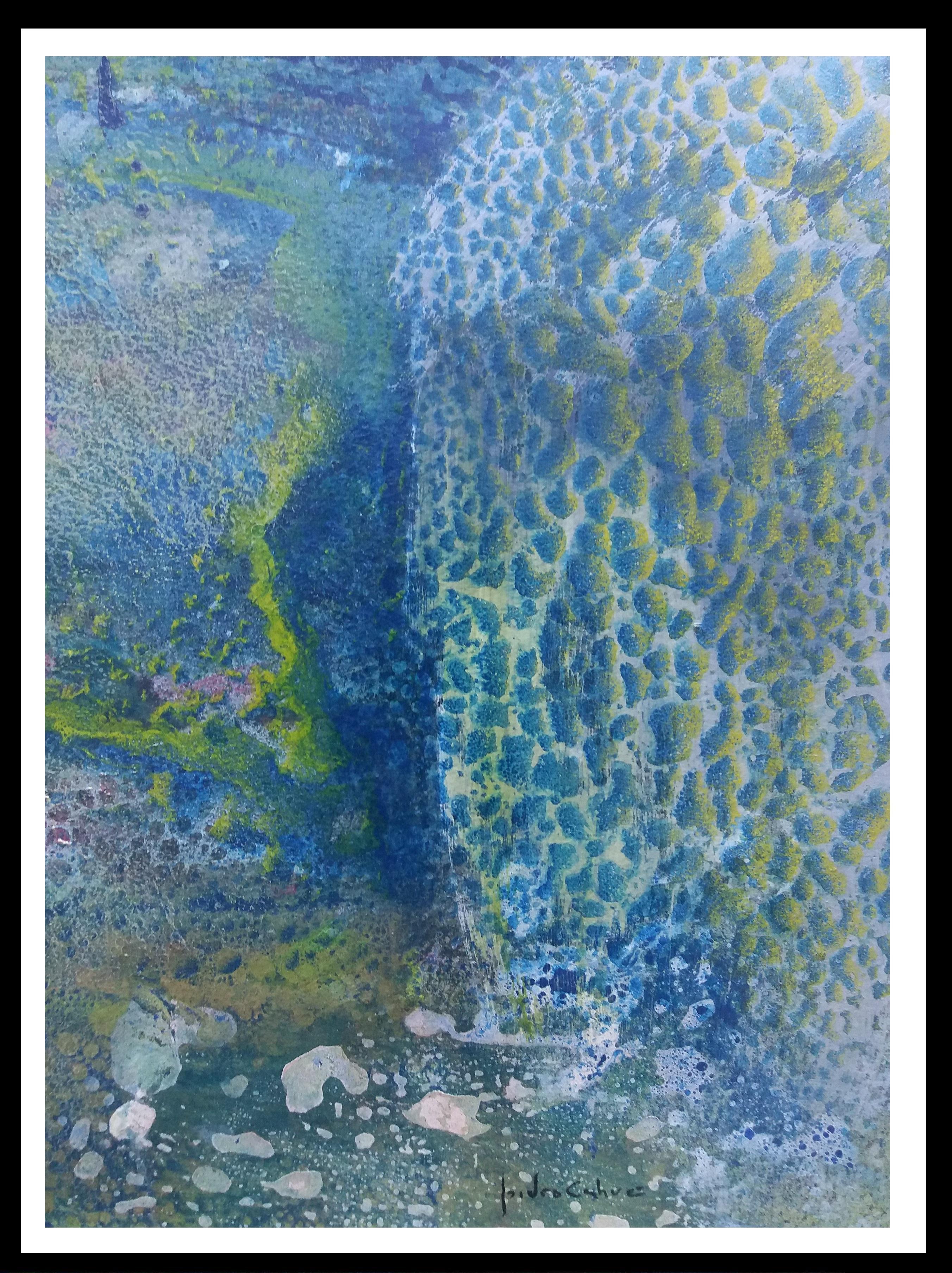Abstract Painting Isidro Cahue -  I. Cahue  40 Vertical  Effect des gouttes bleues    original  Peinture sur papier acrylique
