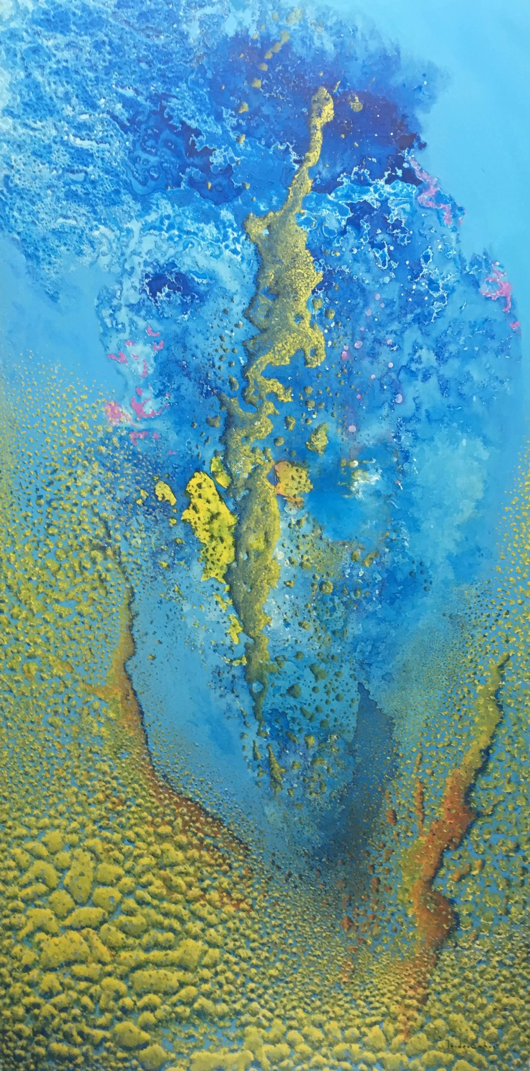 I. Cahue 20  sea bottom. algae. blue yellow. abstract - Painting by Isidro Cahue