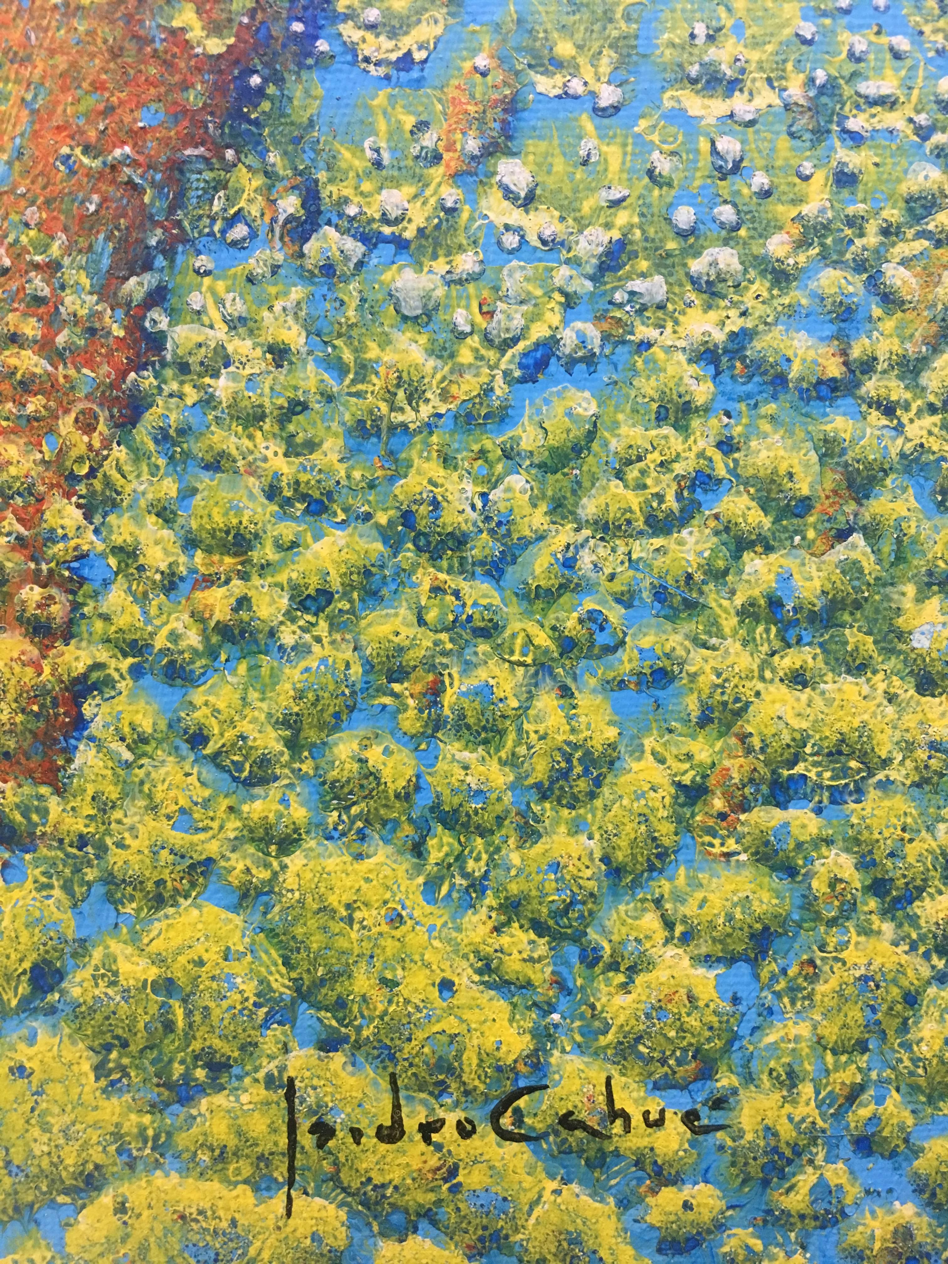 I. Cahue 20  sea bottom. algae. blue yellow. abstract - Blue Abstract Painting by Isidro Cahue