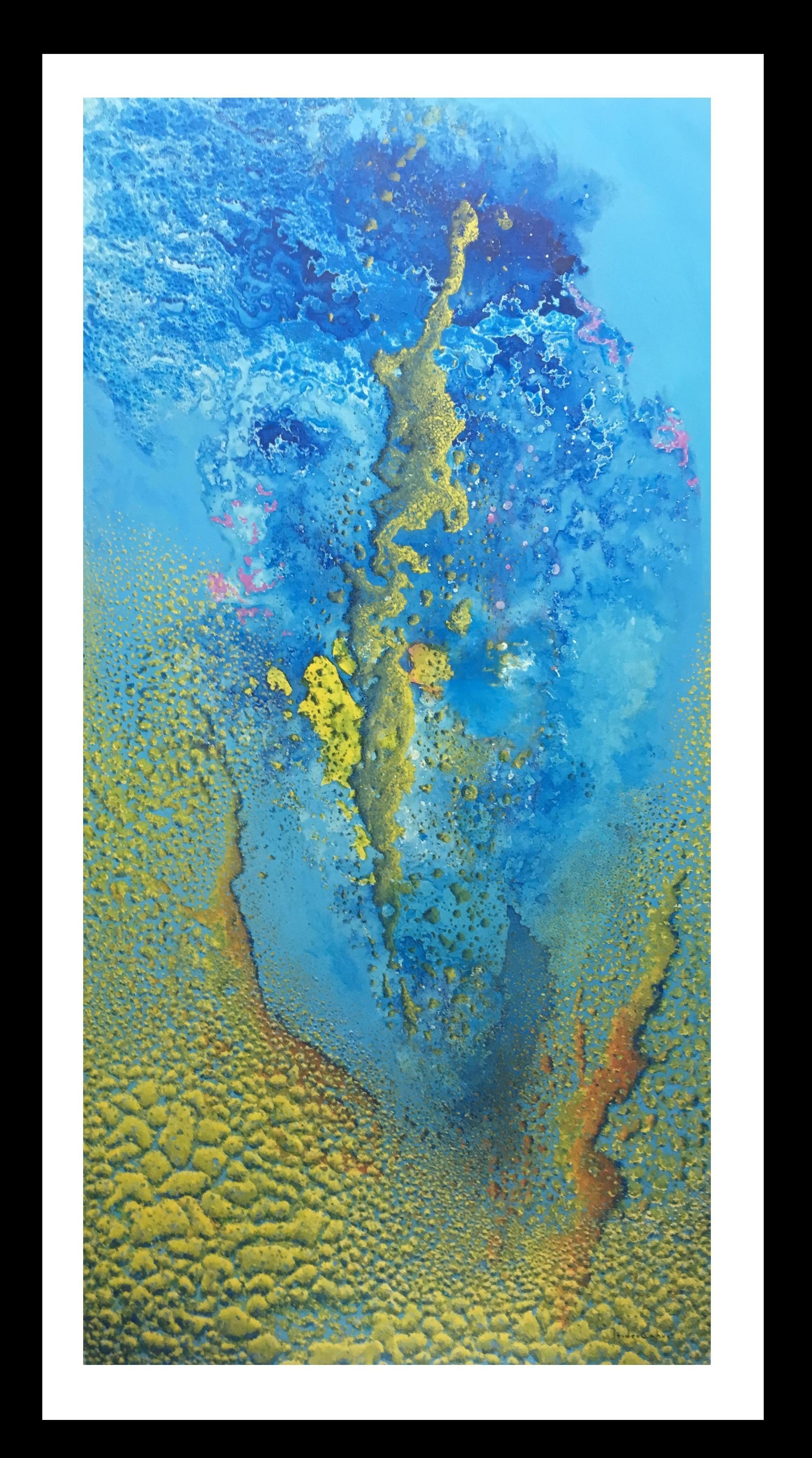 Isidro Cahue Abstract Painting - I. Cahue   sea bottom. algae. blue yellow. abstract