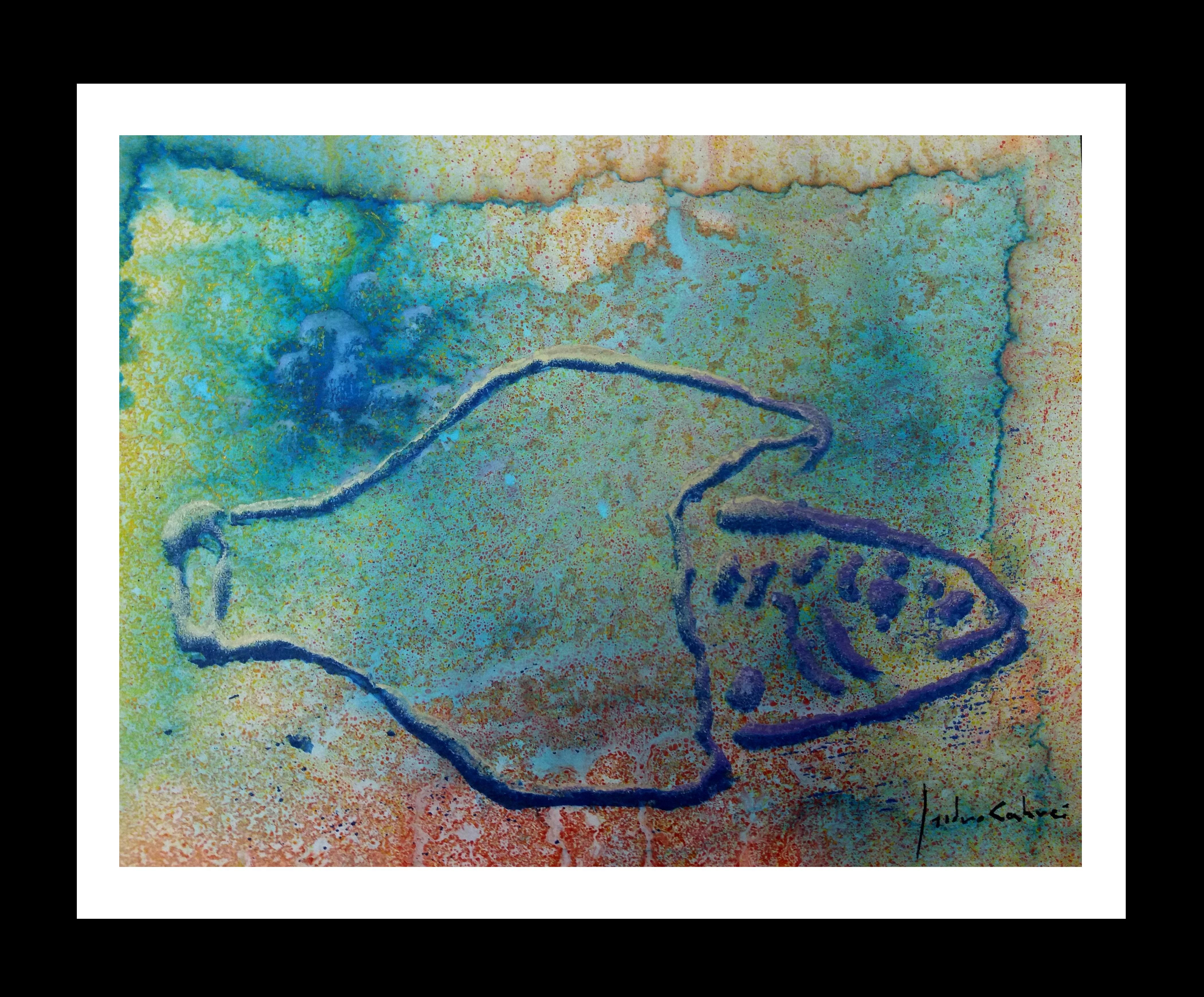 Isidro Cahue Abstract Painting -  Cahue    drops effect. fish original abstract acrylic paper painting