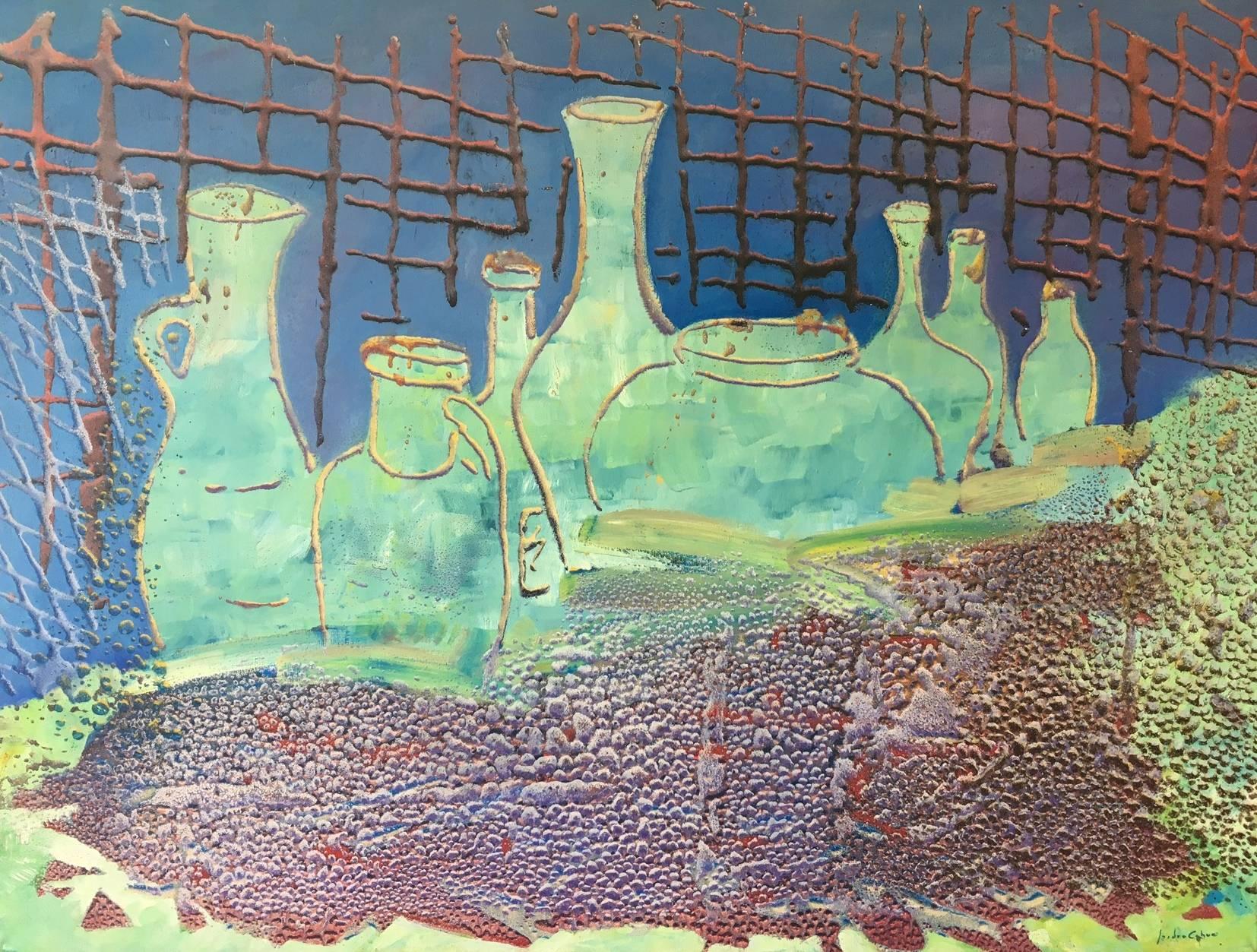 Cahue .bodegon on the bot    original abstract acrylic canvas painting - Painting by Isidro Cahue
