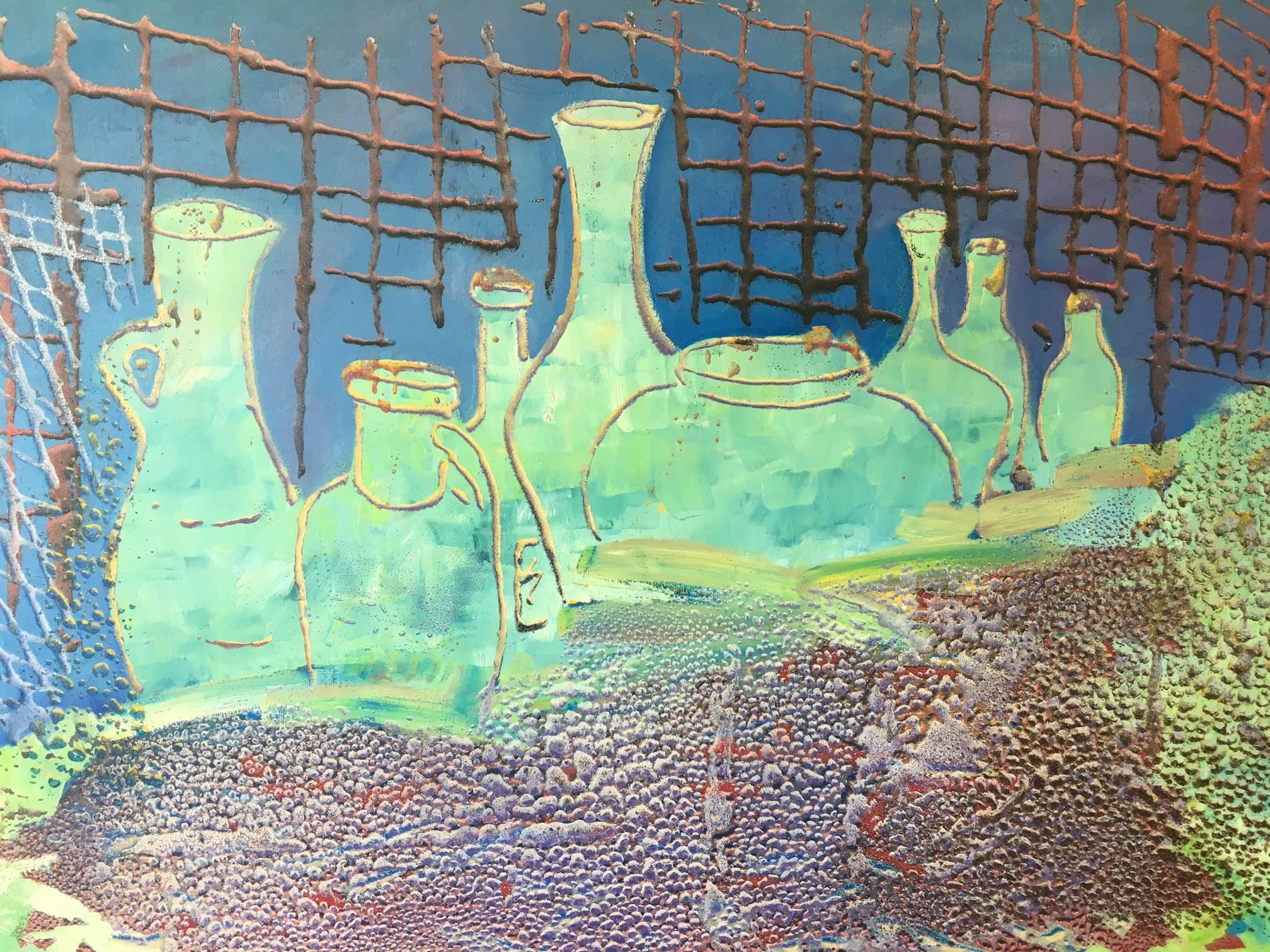 Cahue .bodegon on the bot    original abstract acrylic canvas painting - Abstract Painting by Isidro Cahue
