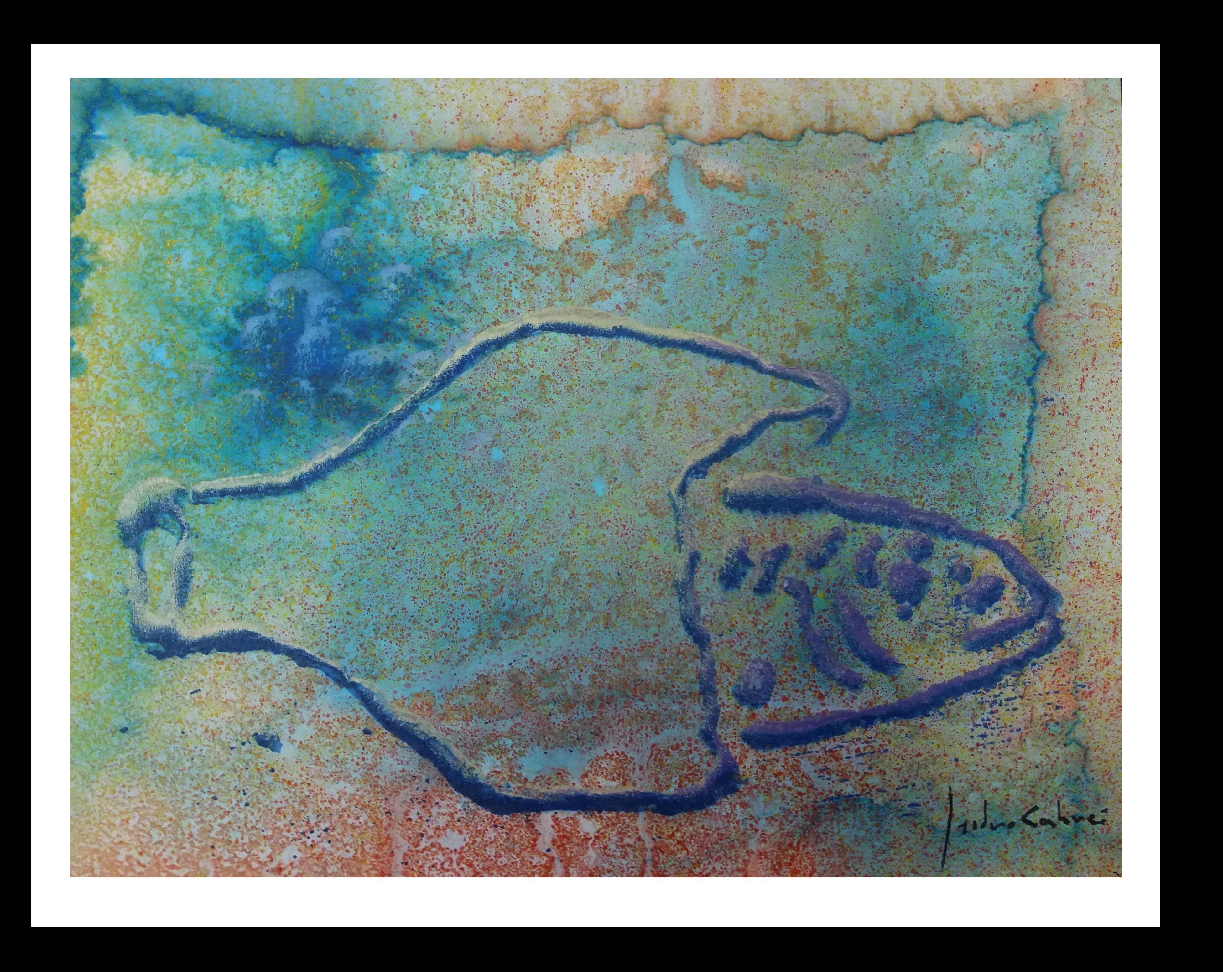 Cahue    effetto gocce. pesce pittura originale astratta su carta acrilica - Painting di Isidro Cahue