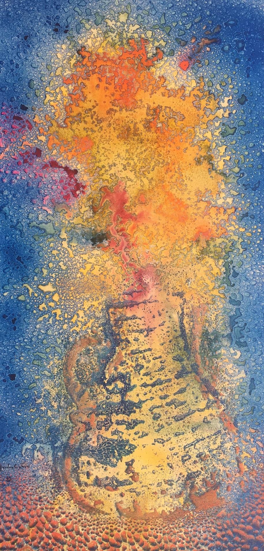 I. Cahue 10  Giallo e bluBChitarra  Fuoco  tela acrilica astratta originale - Painting di Isidro Cahue
