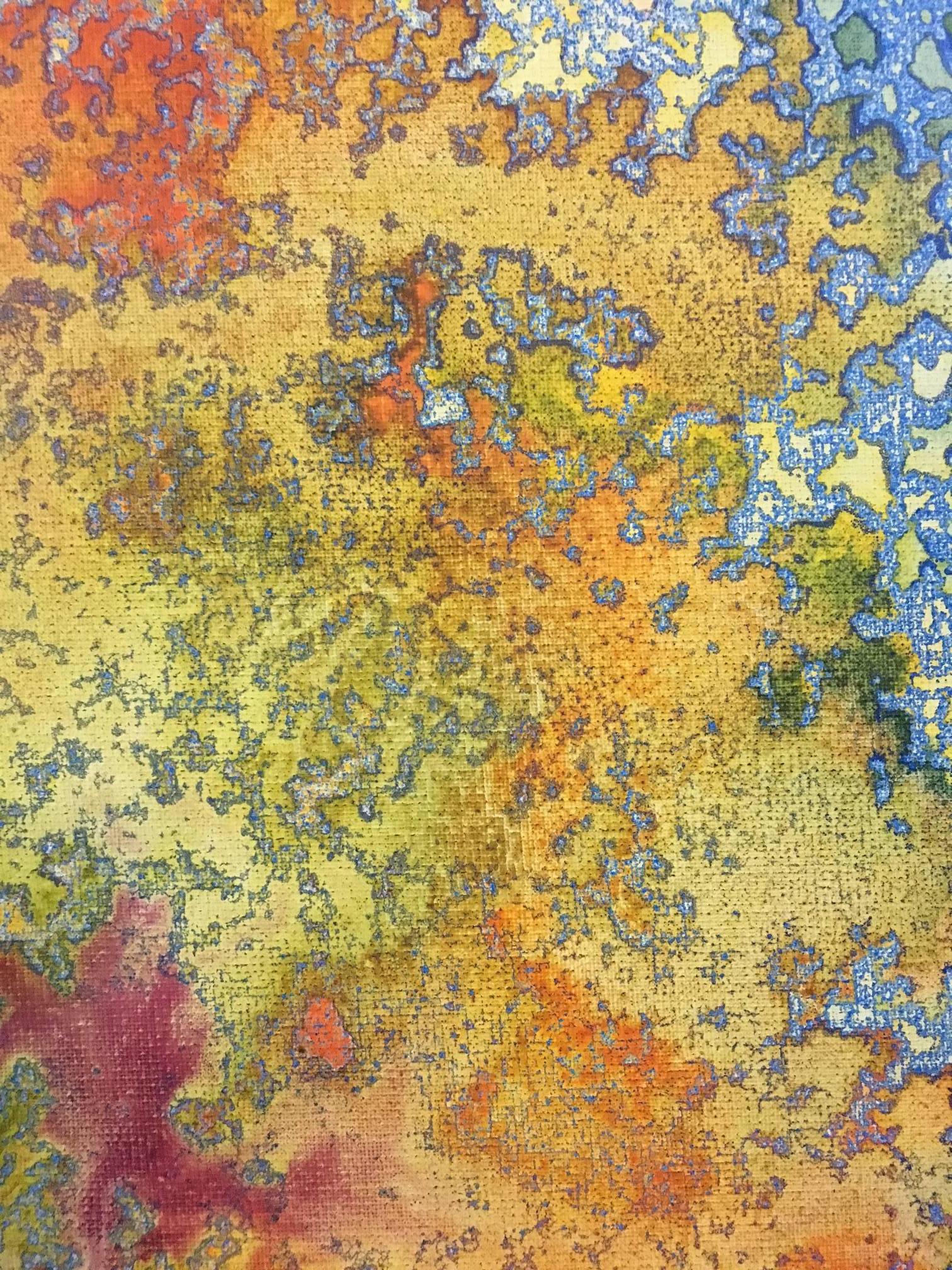 I. Cahue 10  Giallo e bluBChitarra  Fuoco  tela acrilica astratta originale - Painting Astratto di Isidro Cahue