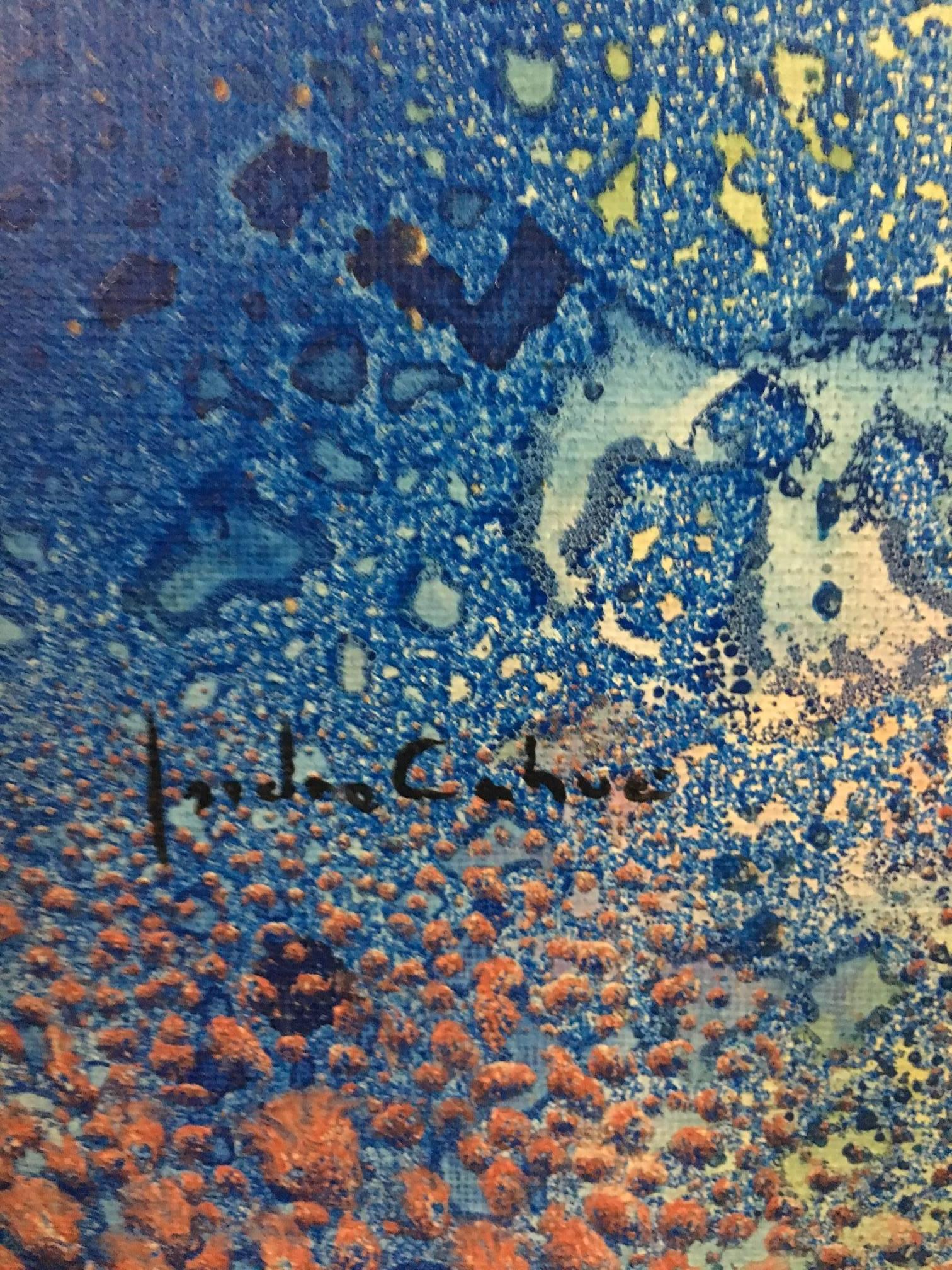 I. Cahue 10  Giallo e bluBChitarra  Fuoco  tela acrilica astratta originale - Abstract Painting Nero di Isidro Cahue