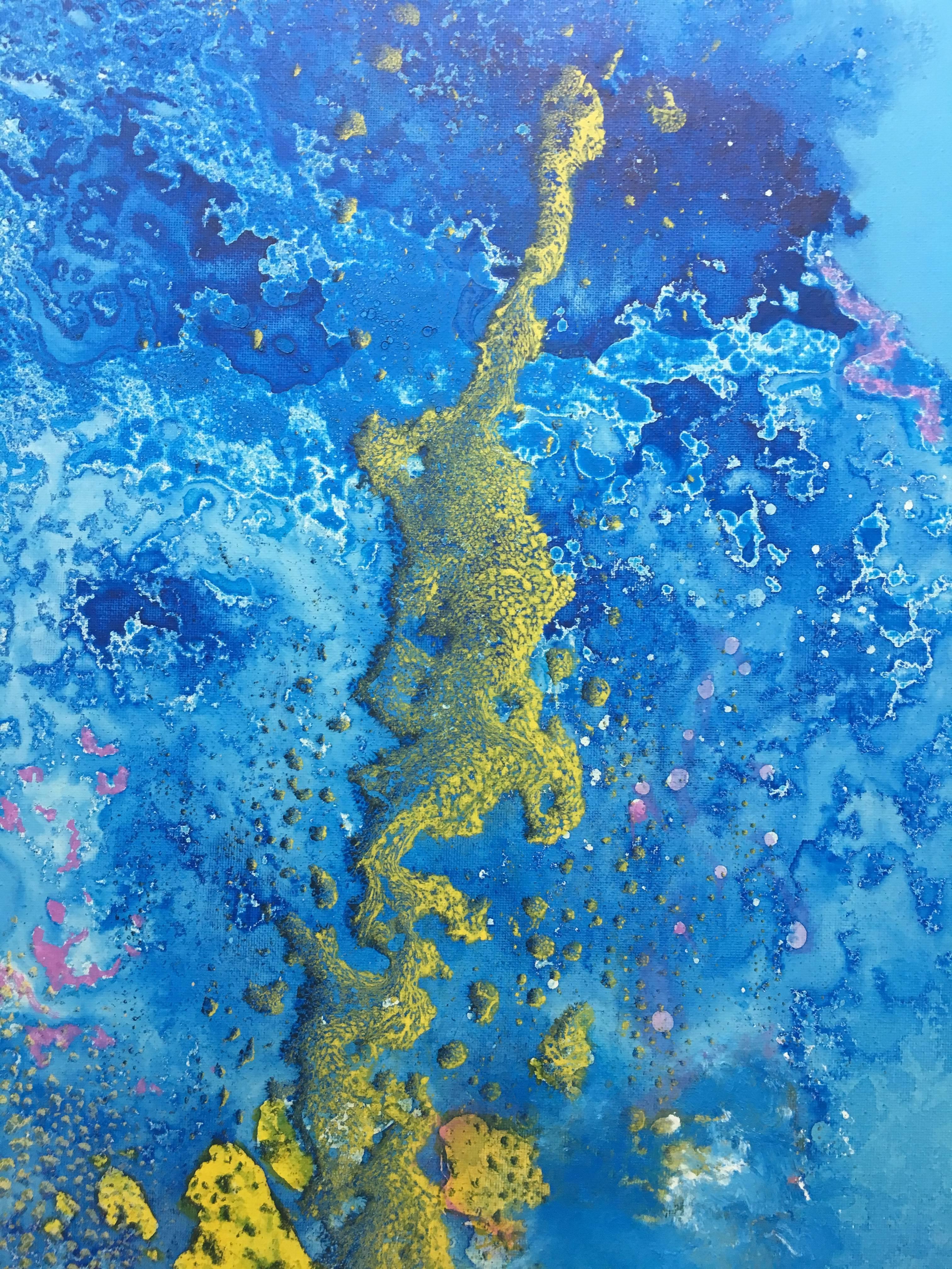 I. Cahue 20  bas de la mer, écailles, bleu jaune, abstrait - Abstrait Painting par Isidro Cahue