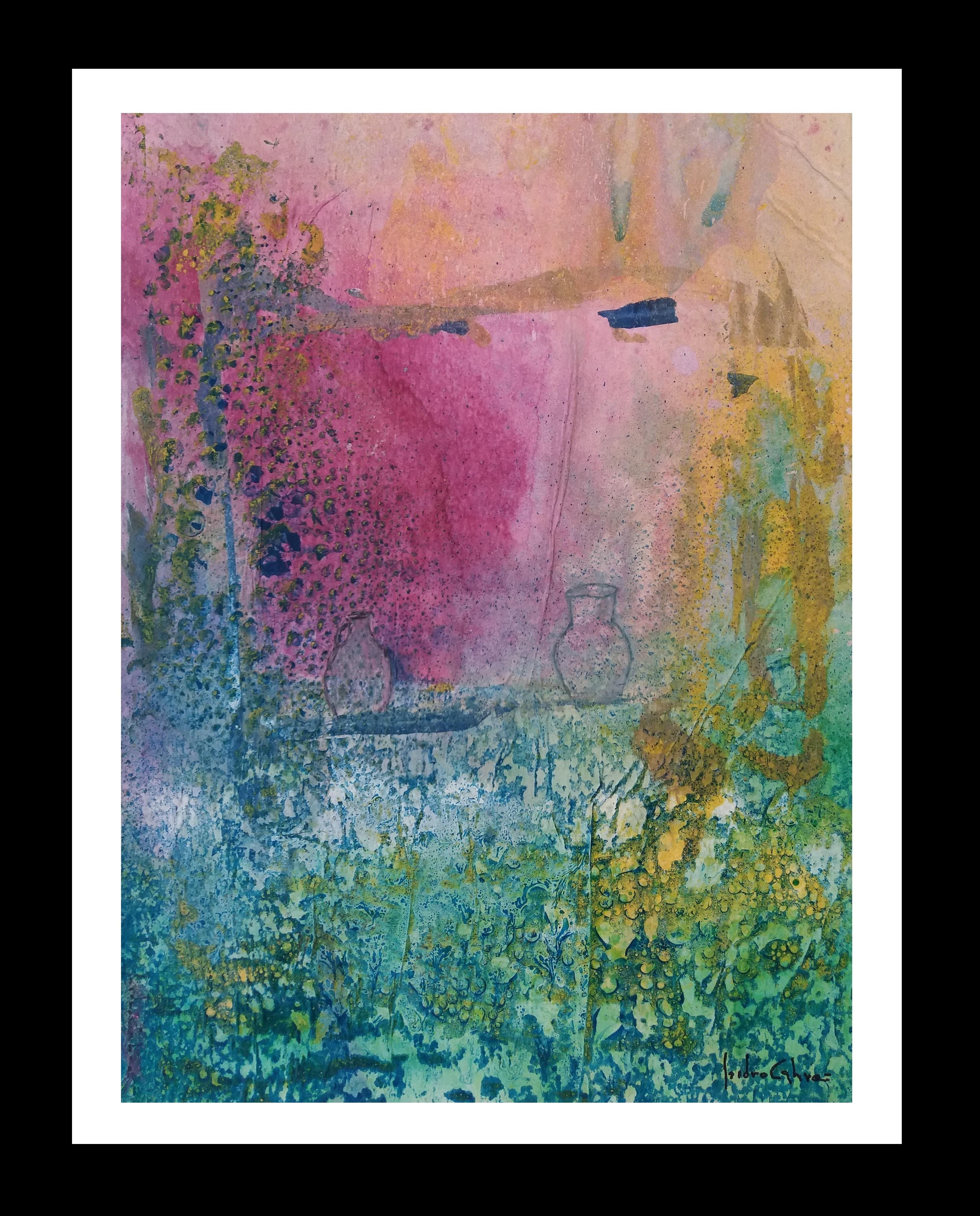 Isidro Cahue Abstract Painting - I, CAHUE -Greens and roses colors- original abstract paper acrylic painting