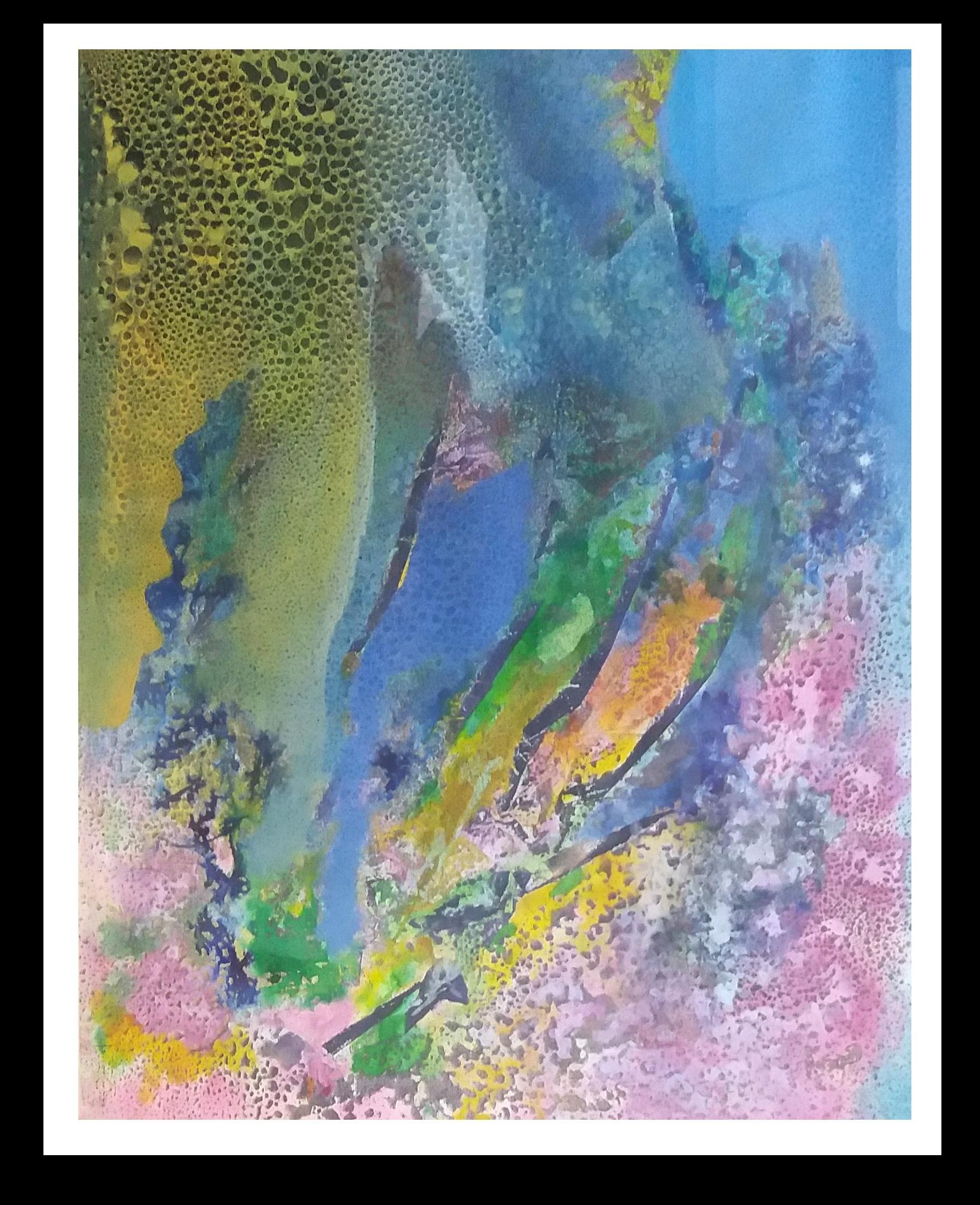  I. Cahue  Blue and Pink Drops abstract. original.acrylic paper painting - Painting by Isidro Cahue